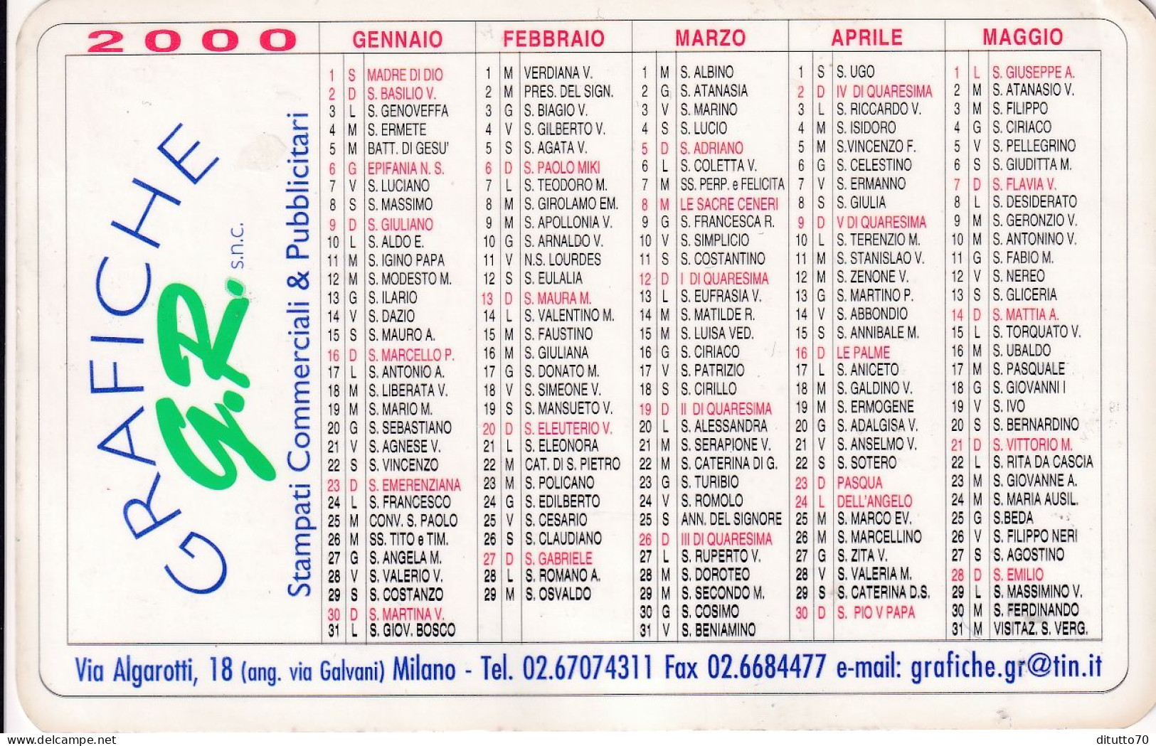 Calendarietto - Grafiche - G.R. - Milano - Anno 2000 - Klein Formaat: 1991-00