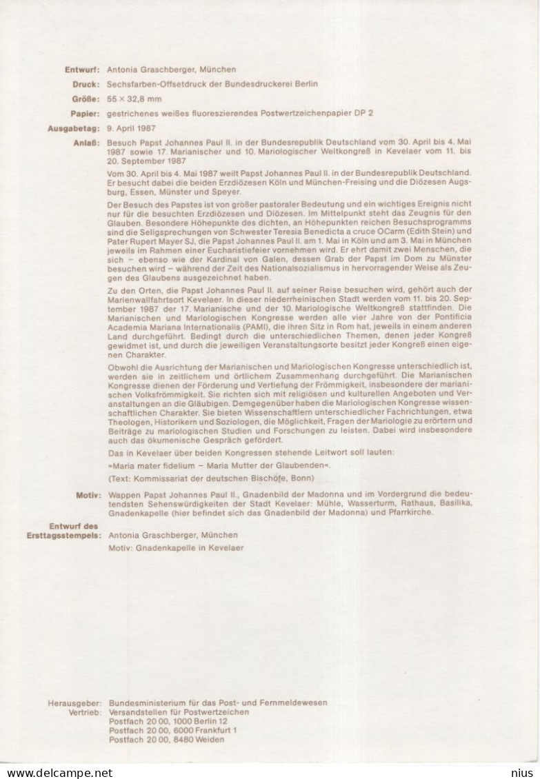 Germany Deutschland 1987-11 17.Marianischer Und 10.Mariologischer Kongress Pope Papst Johannes John Paul II Visit, Bonn - 1981-1990