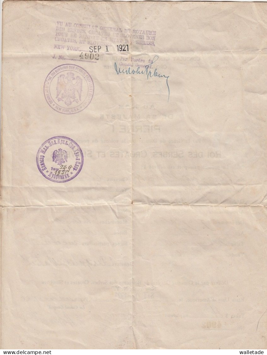 1921 PASSEPORT ROYAUME DES SERBES CROATS SLOVÈNES CONSULAT À NEW YORK USA - Historische Dokumente