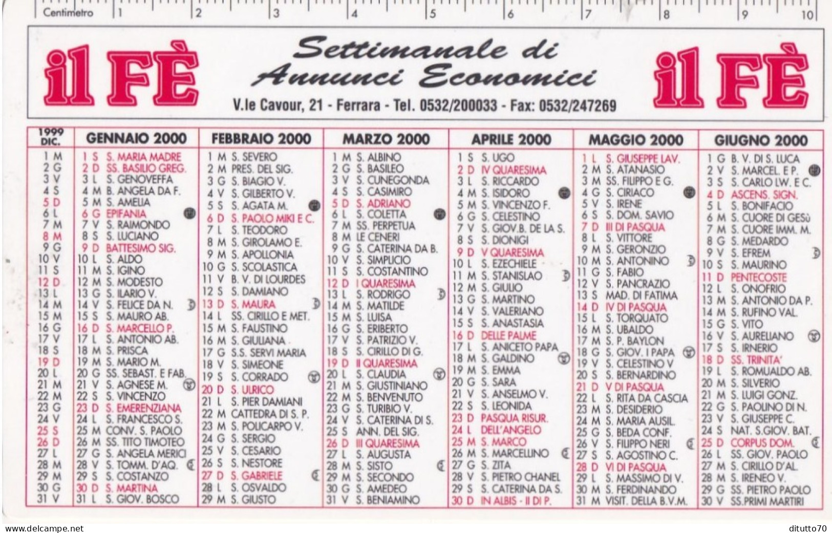 Calendarietto - IL FE - Settimanale Di Annunci Economici - Ferrara - Anno 2000 - Tamaño Pequeño : 1991-00