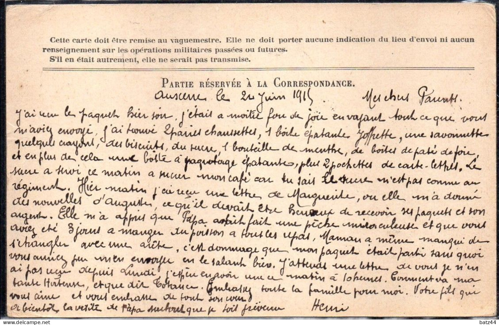 Correspondance Des Armées De La République 1915 Dépôt Des Convalescents Auxerre - Lettres & Documents