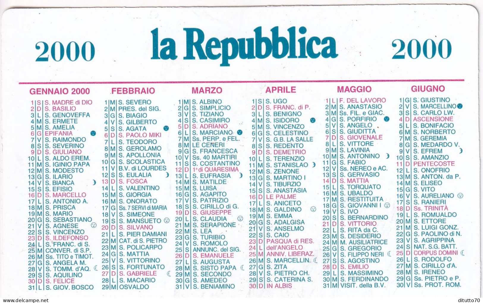 Calendarietto - La Repubblica - Anno 2000 - Klein Formaat: 1991-00