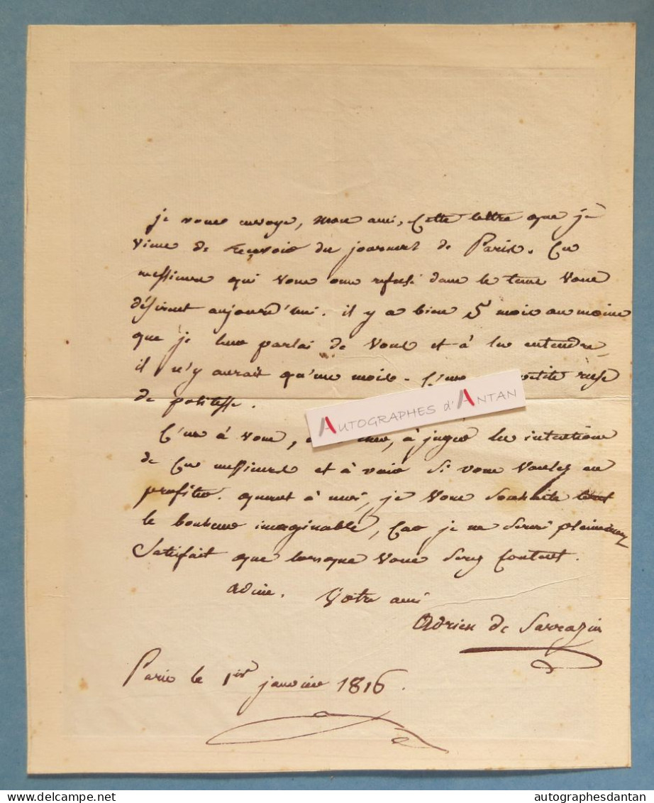 ● L.A.S 1816 Adrien De SARRAZIN écrivain Né Château De Bezay Nourray - Lettre Autographe - Décédé Vendôme - Scrittori