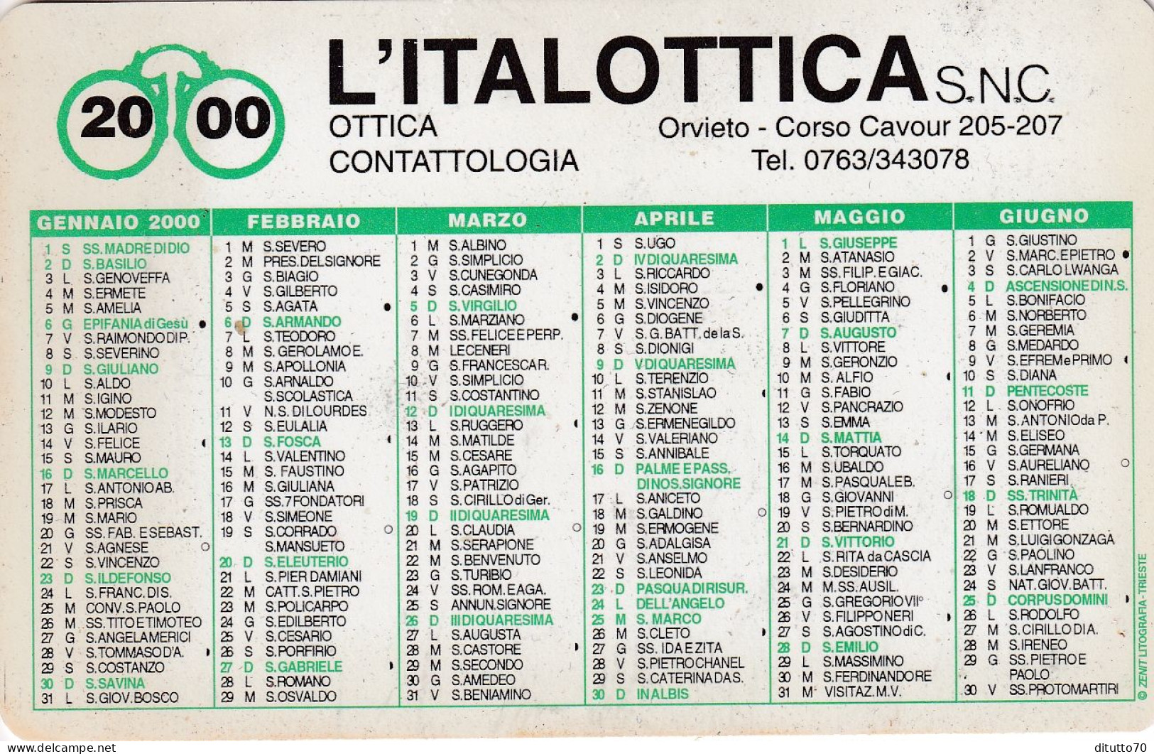 Calendarietto - L'italottica - Orvieto - Anno 2000 - Formato Piccolo : 1991-00