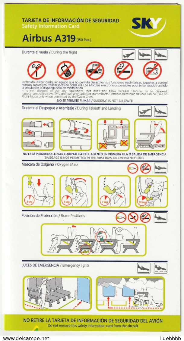 CHILE: 2015 SKY Airlines Safety Card For The Airbus A319 - Sicherheitsinfos