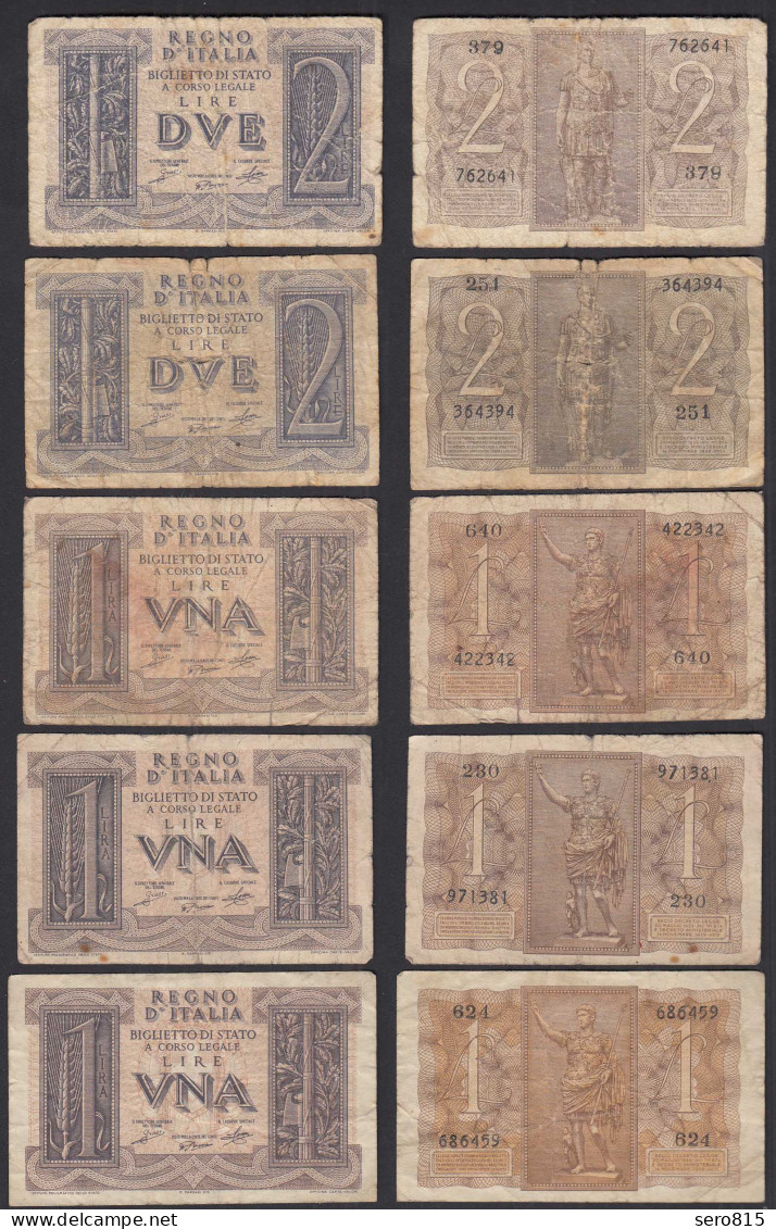Italien - Italy 5 Stück 1 + 2 Lire Banknoten 1939 Gebraucht Pick 26 + 27  (32521 - Other & Unclassified