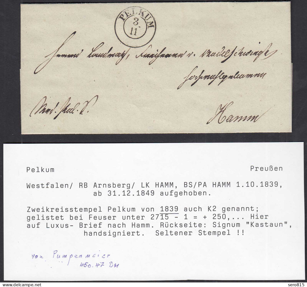 PELKUM Sehr Seltener K2 Stempel Ca. Um 1840 Nach Hamm Signiert Kastaun - Andere & Zonder Classificatie