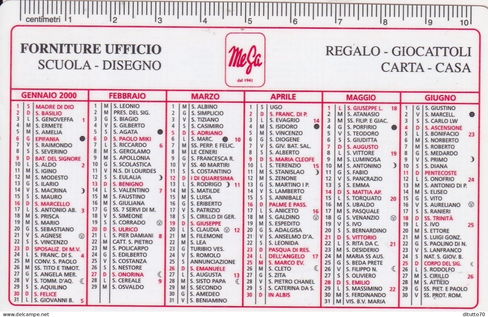 Calendarietto - MEGA - Forniture Ufficio - Anno 2000 - Tamaño Pequeño : 1991-00