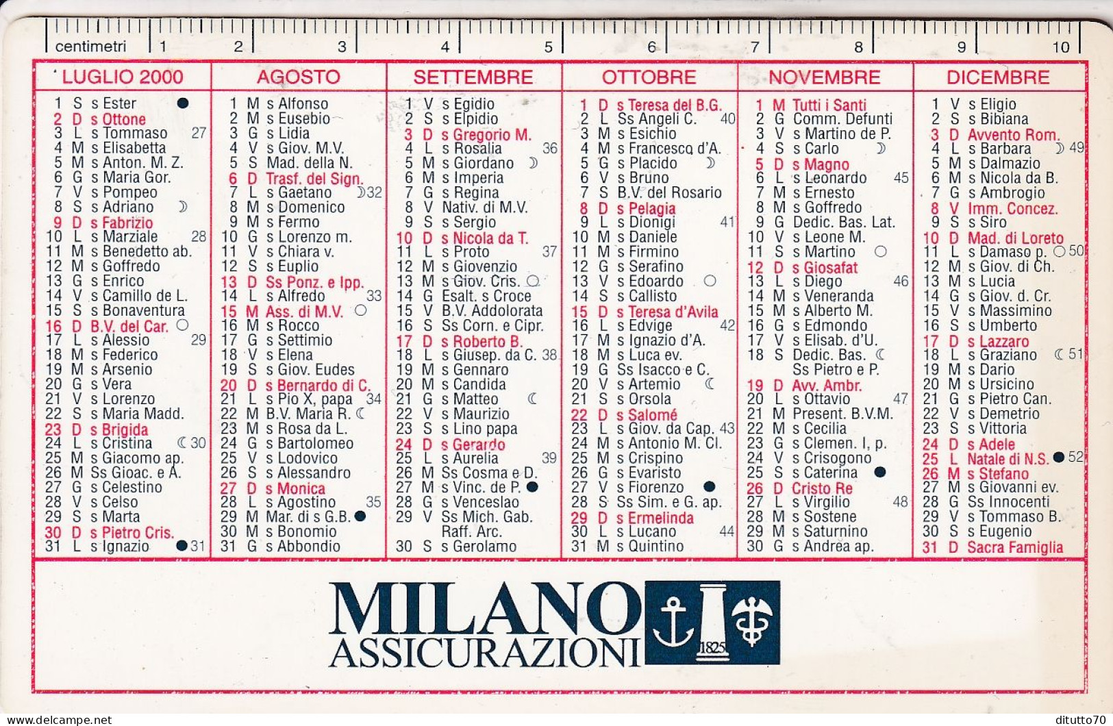 Calendarietto - Miilano - Assicurazioni - Anno 2000 - Petit Format : 1991-00