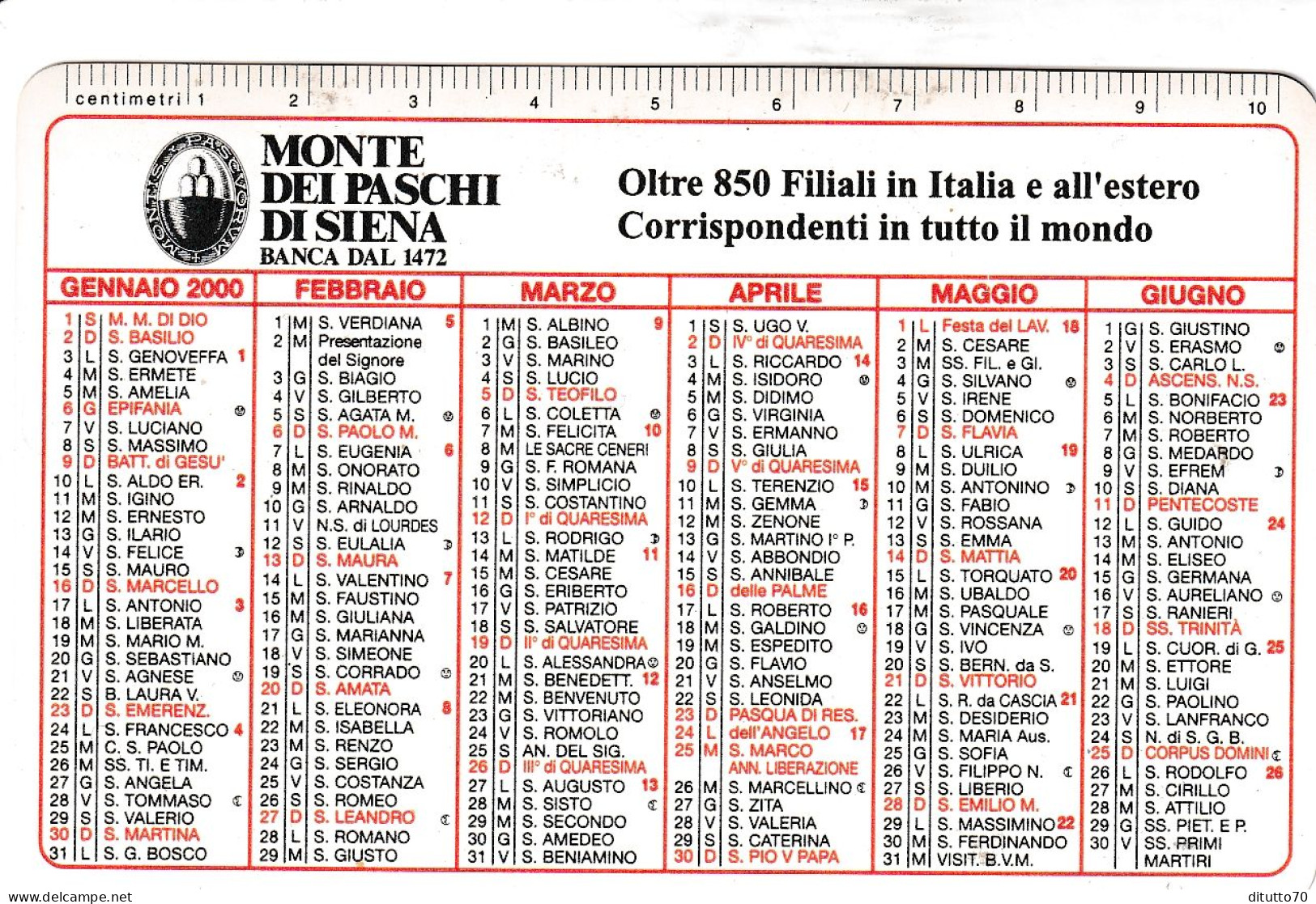 Calendarietto - Monte Dei Paschi Di Siena - Anno 2000 - Tamaño Pequeño : 1991-00