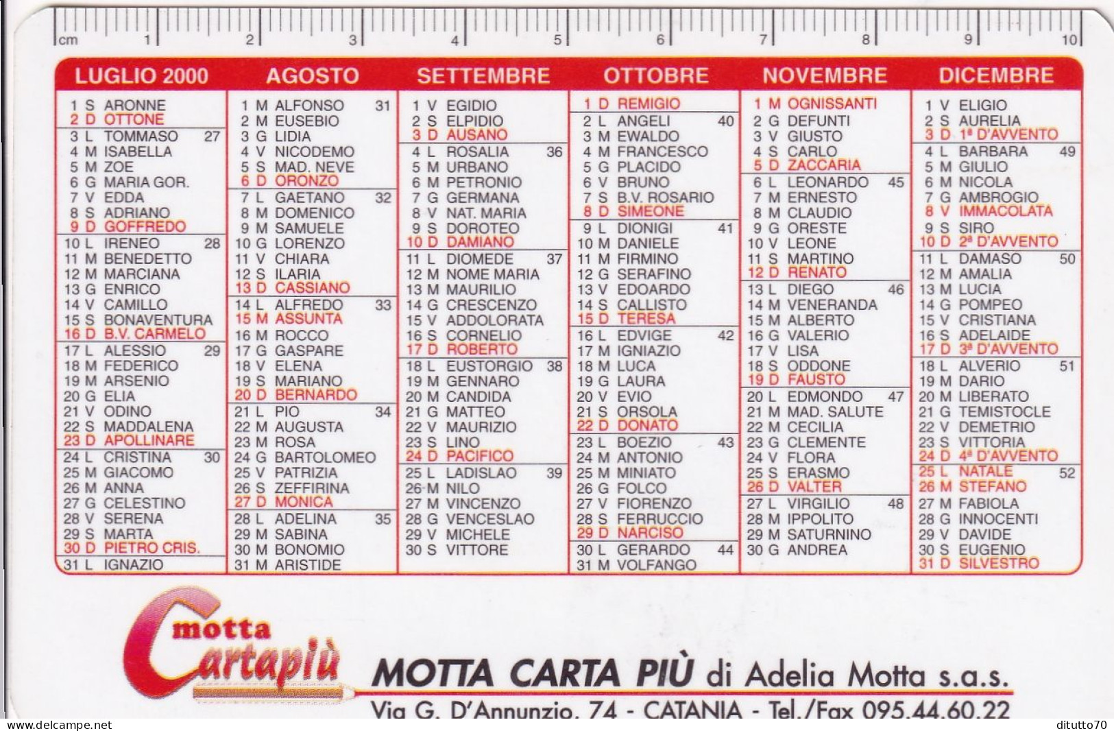 Calendarietto - Motta Carta Più - Catania - Anno 2000 - Klein Formaat: 1991-00