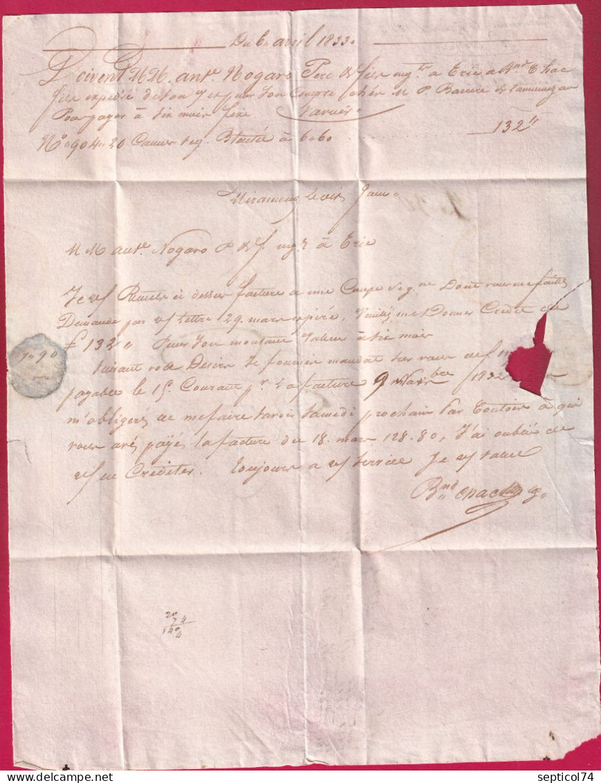 CAD TYPE 12 EN ROUGE ST GAUDENS HAUTE GARONNE 1833 DECIME RURAL DE MIRAMONT DE COMMINGES TYPE 13 TRIE EN ROUGE LETTRE - 1801-1848: Precursors XIX