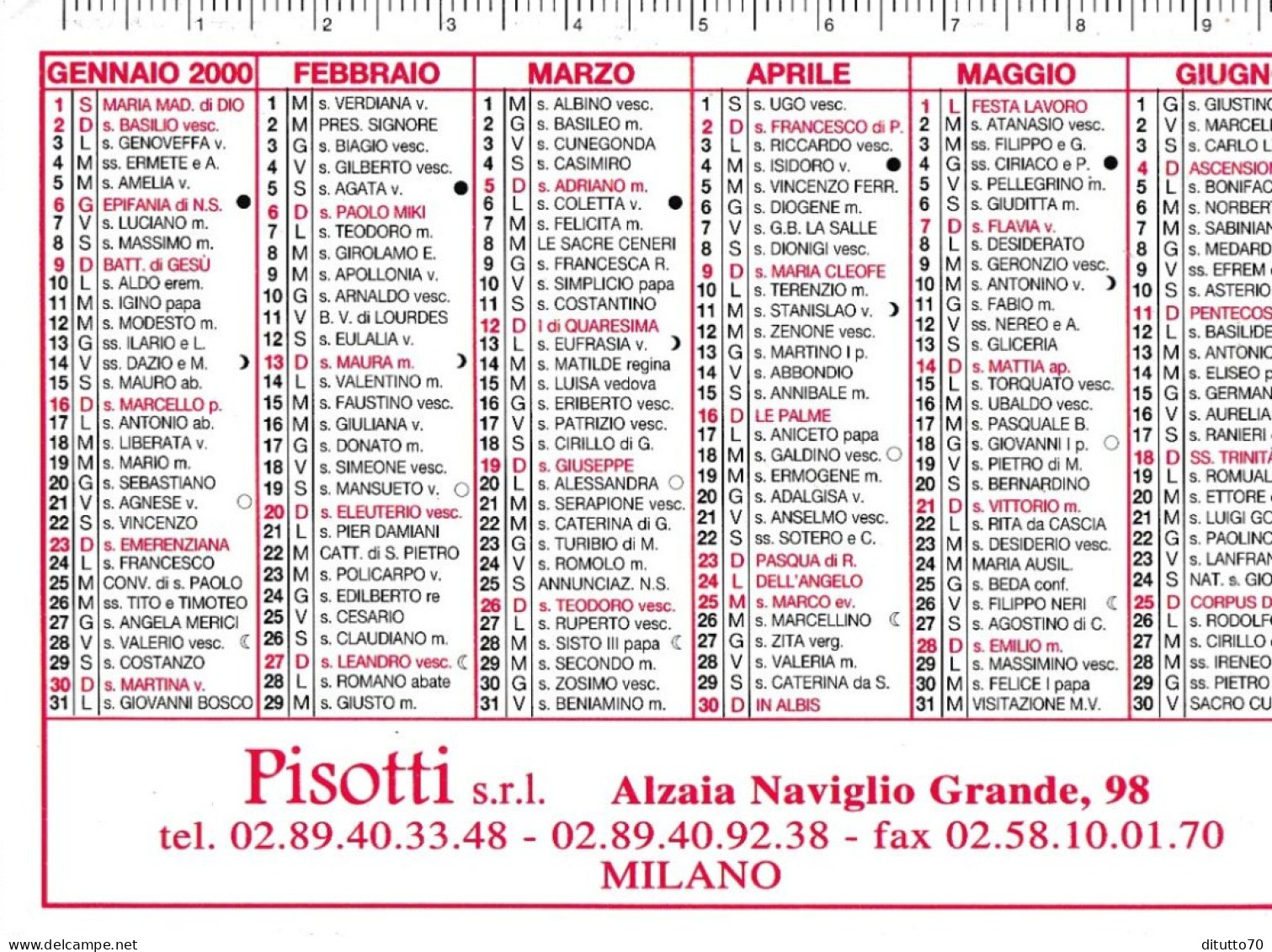 Calendarietto - Pisotti - Milano - Anno 2000 - Formato Piccolo : 1991-00