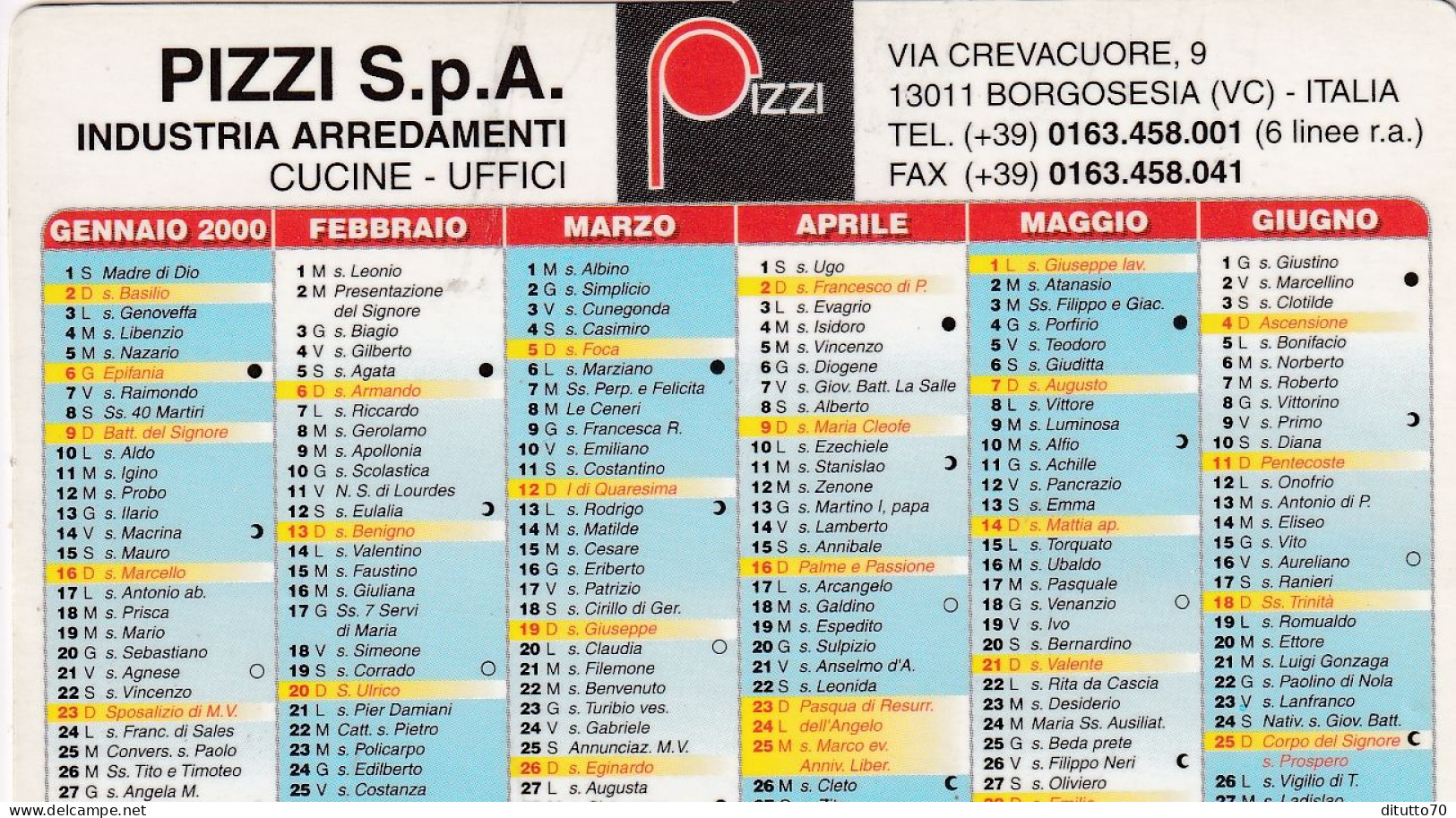 Calendarietto - Pizzi - Industria Arredamenti - Borgosesia - Vicenza - Anno 2000 - Formato Piccolo : 1991-00