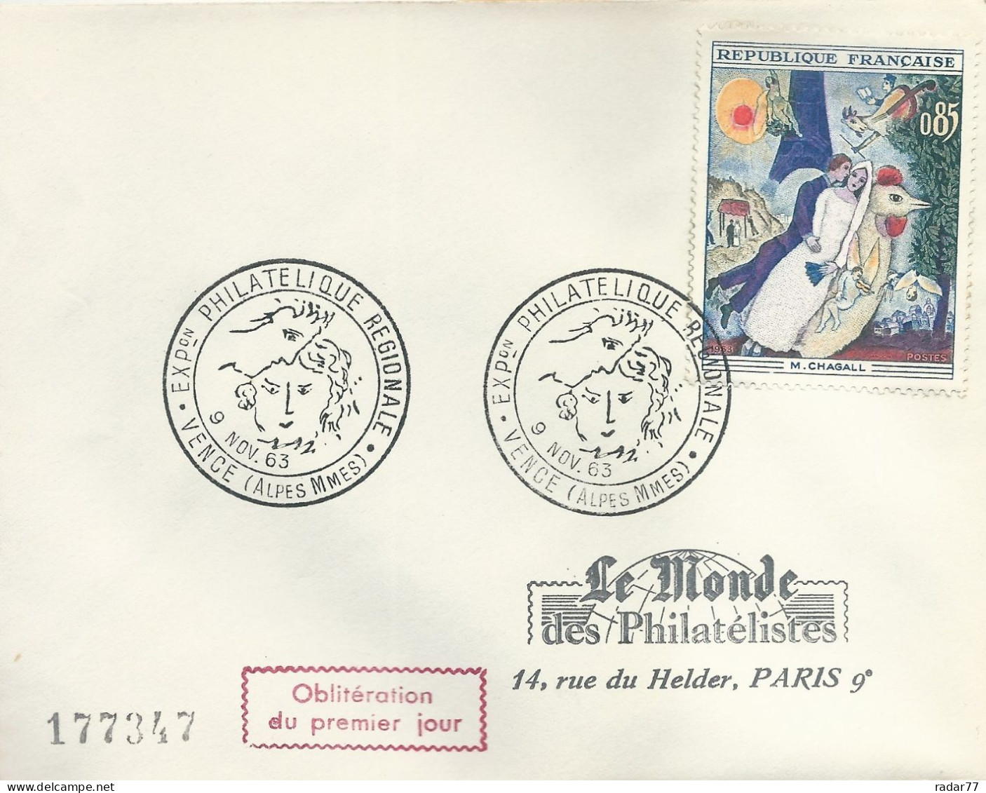 Enveloppe 1er Jour FDC N°1398 Chagall - Vence - 09/11/1963 - 1960-1969