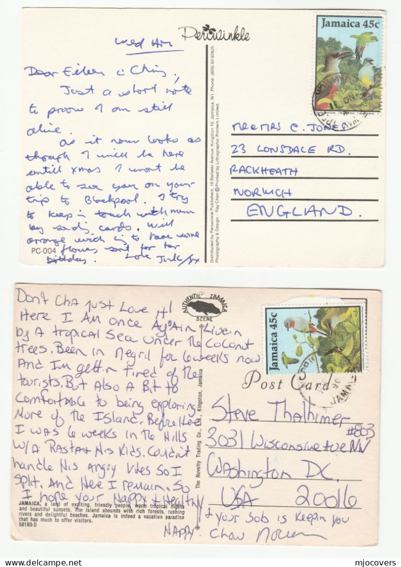 2 JAMAICA View Postcards BIRD PARROT Stamps To GB USA Birds  Postcard - Jamaica (1962-...)