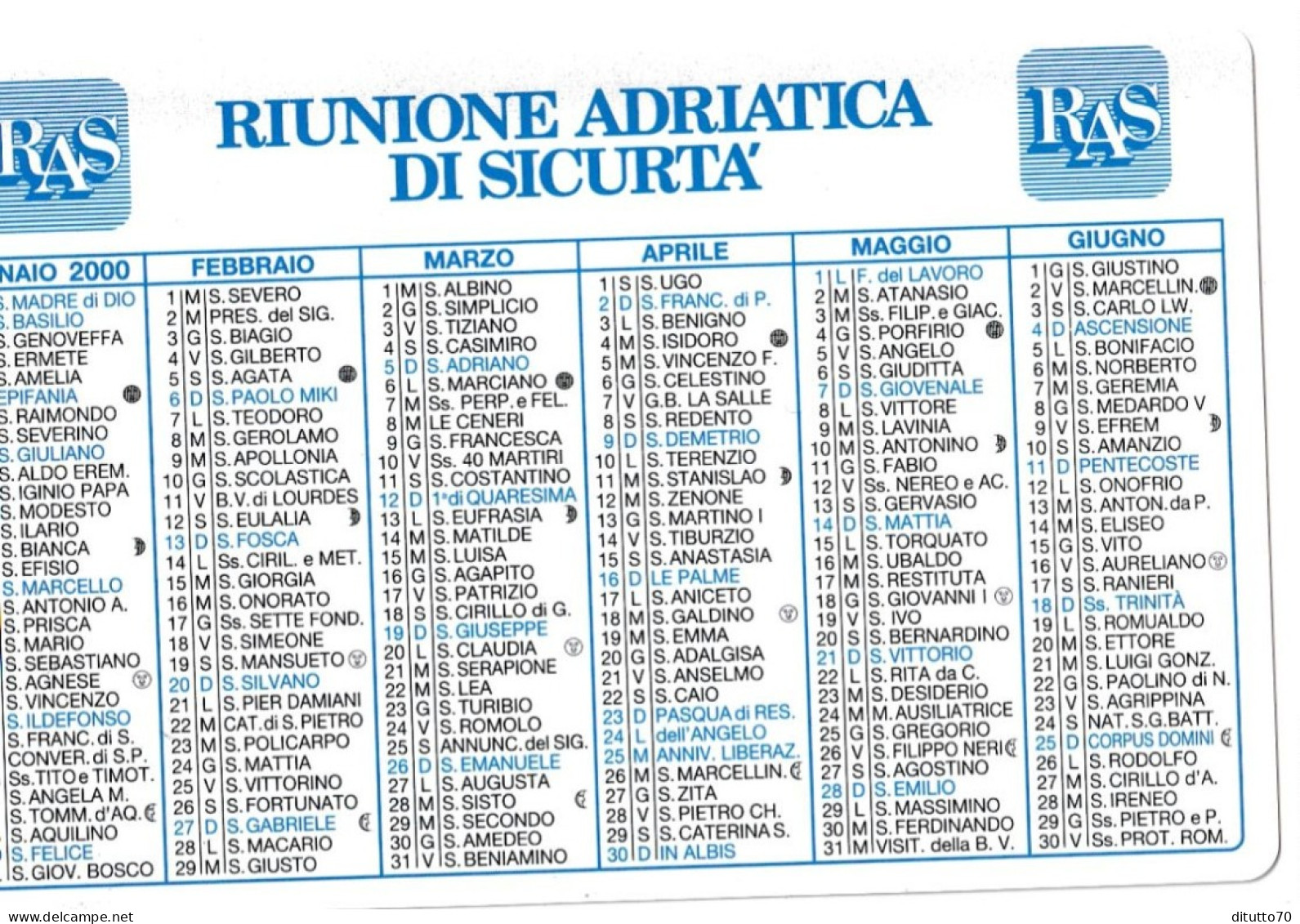 Calendarietto - RAS - Riunione Adriatica Di Sicurezza - Anno 2000 - Petit Format : 1991-00