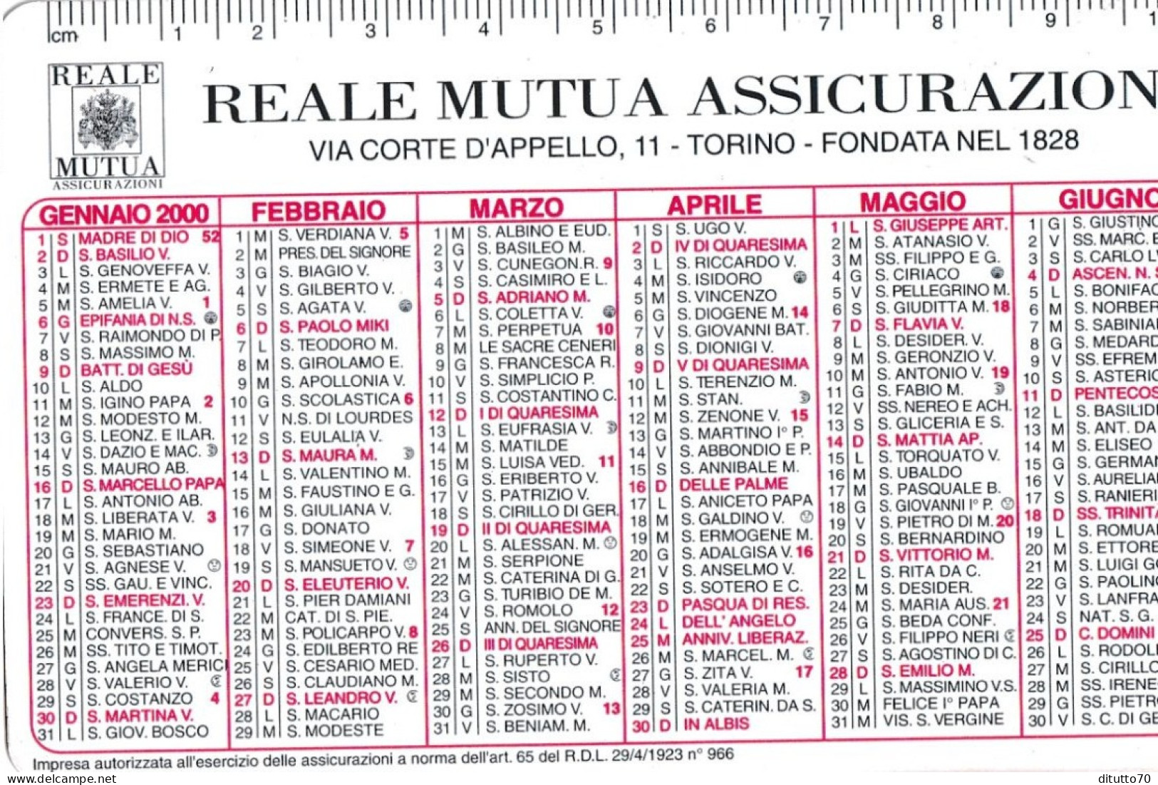 Calendarietto - Reale Mutua Assicurazioni - Torino - Anno 2000 - Tamaño Pequeño : 1991-00