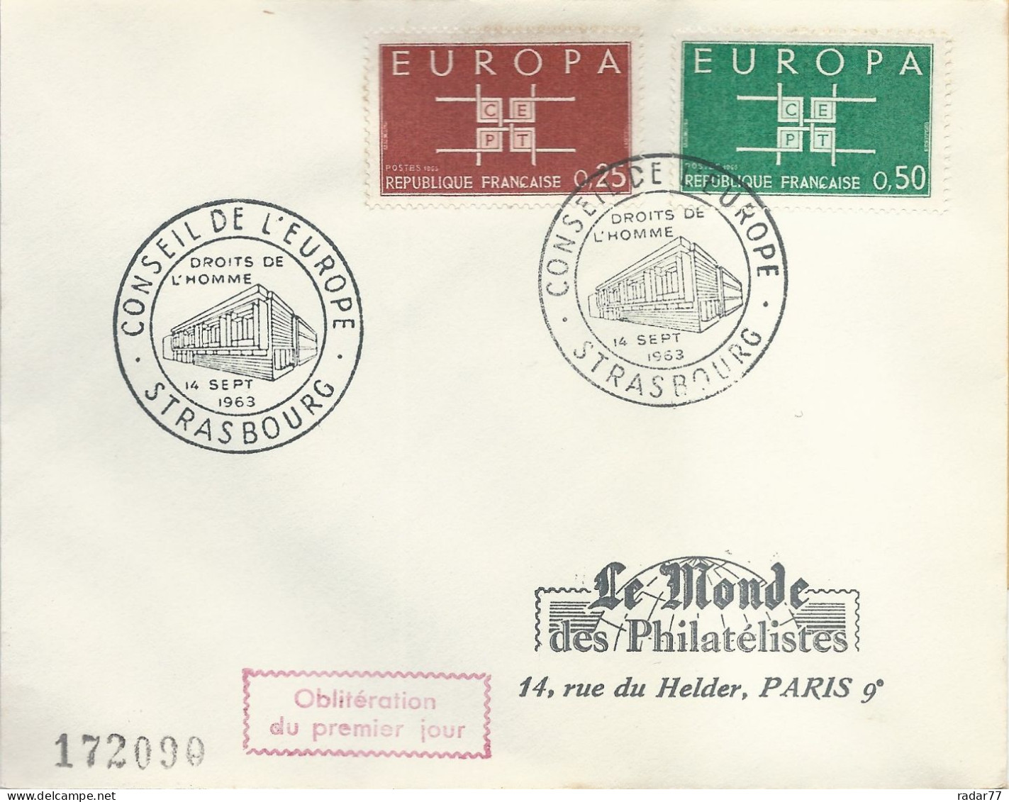 Enveloppe 1er Jour FDC N°1396/1397 Europa - Strasbourg - 14/09/1963 - 1960-1969