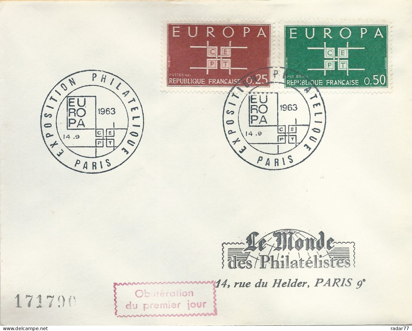 Enveloppe 1er Jour FDC N°1396/1397 Europa - Paris - 14/09/1963 - 1960-1969