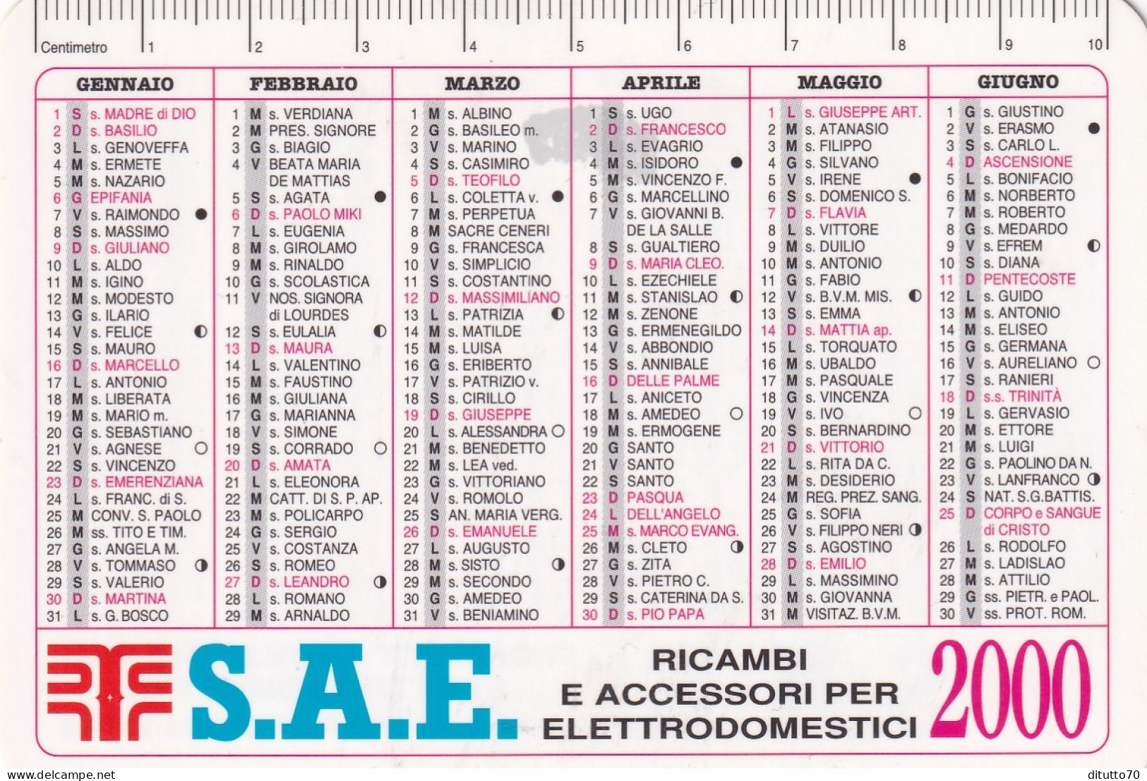 Calendarietto - S.A.E. - Anno 2000 - Formato Piccolo : 1991-00