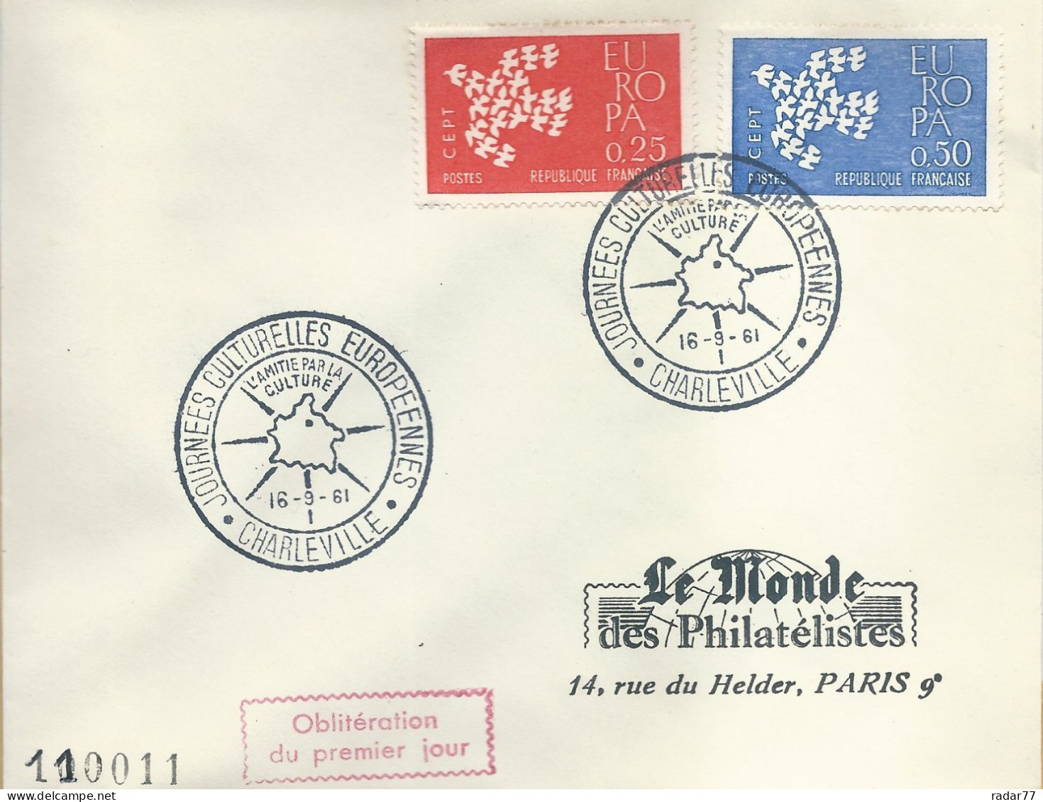 Enveloppe 1er Jour FDC N°1309/1310 Europa - Charleville - 16/09/1961 - 1960-1969