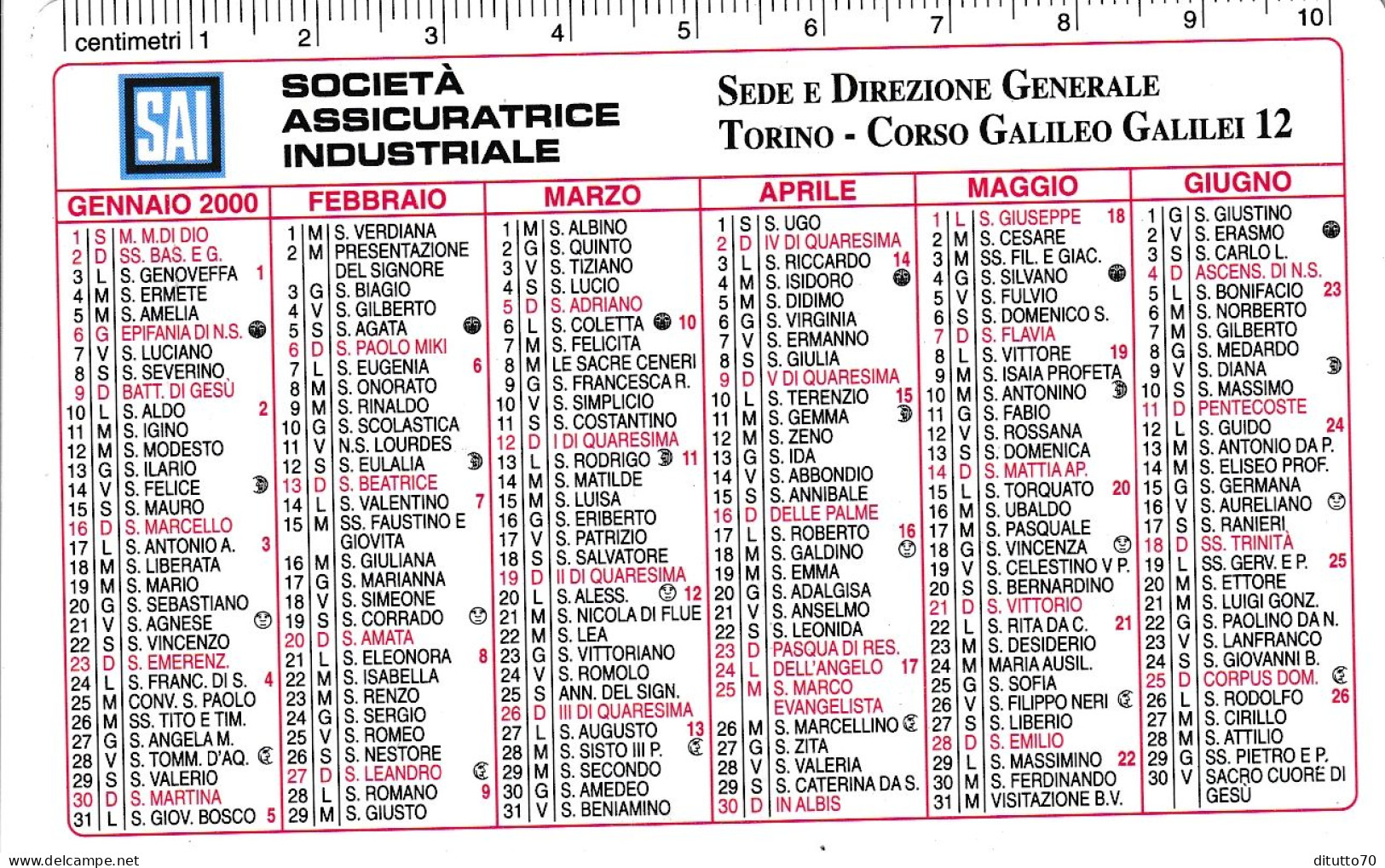 Calendarietto - SAI - Società Assicuratrice Industriale - Torno - Anno 2000 - Petit Format : 1991-00