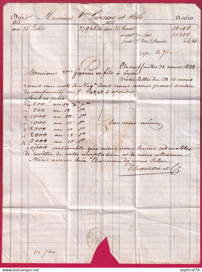 CURSIVE 70 CHAUFFAILLE SAONE ET LOIRE CAD T13 BEAUJEU RHONE + PP 1838 POUR LYON LETTRE - 1801-1848: Vorläufer XIX