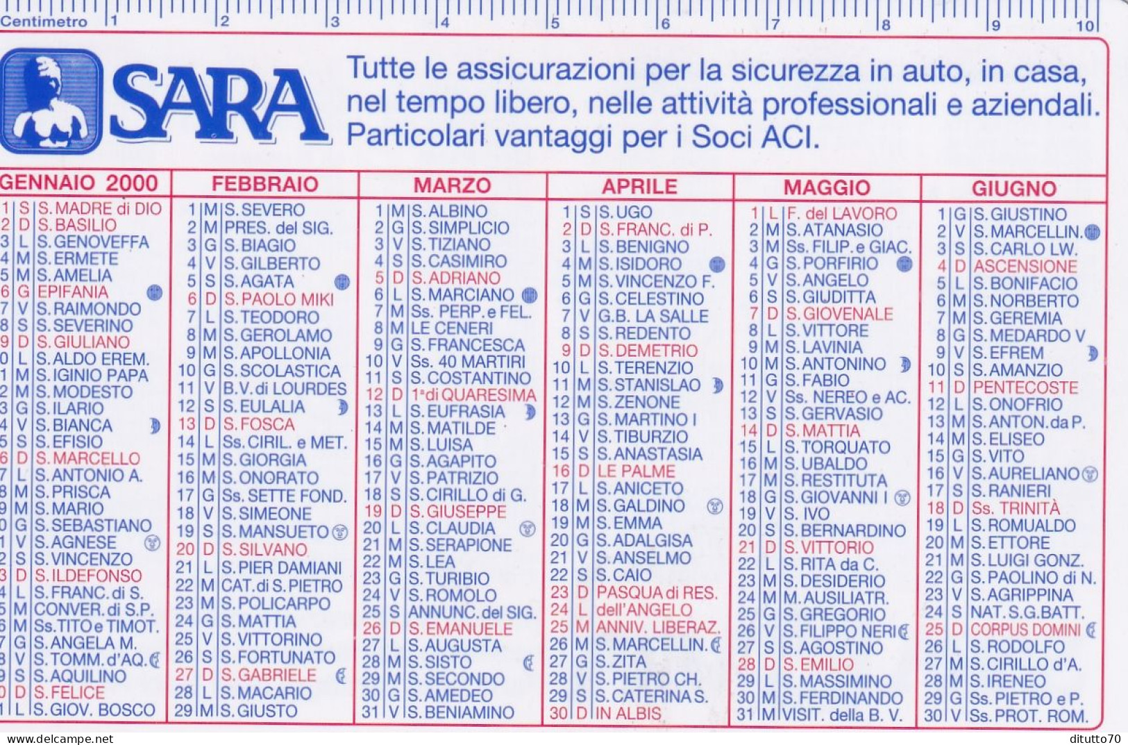 Calendarietto - SARA - Vita - Anno 2000 - Formato Piccolo : 1991-00