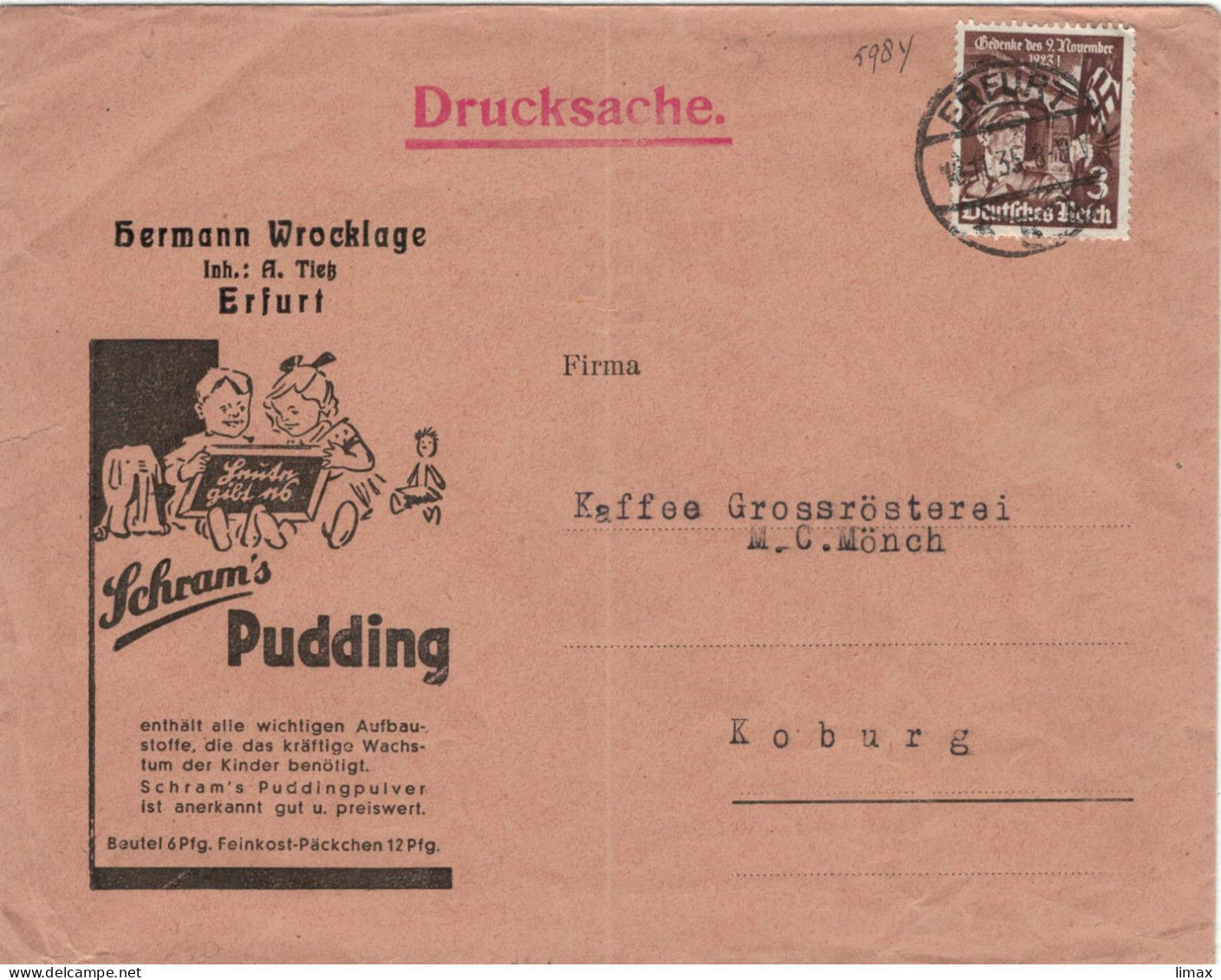 [A5] Wrocklage Erfurt Pudding 1935 > Mönch Grossrösterei Coburg - Illustriertes Kuvert - Drucksache 3 Pf. - Cartas & Documentos