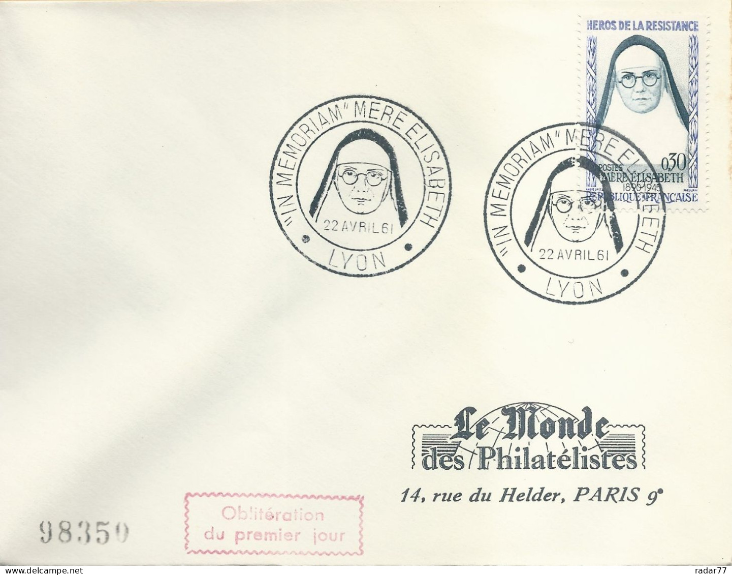 Enveloppe 1er Jour FDC N°1291 Mère Elisabeth - Lyon - 22/04/1961 - 1960-1969