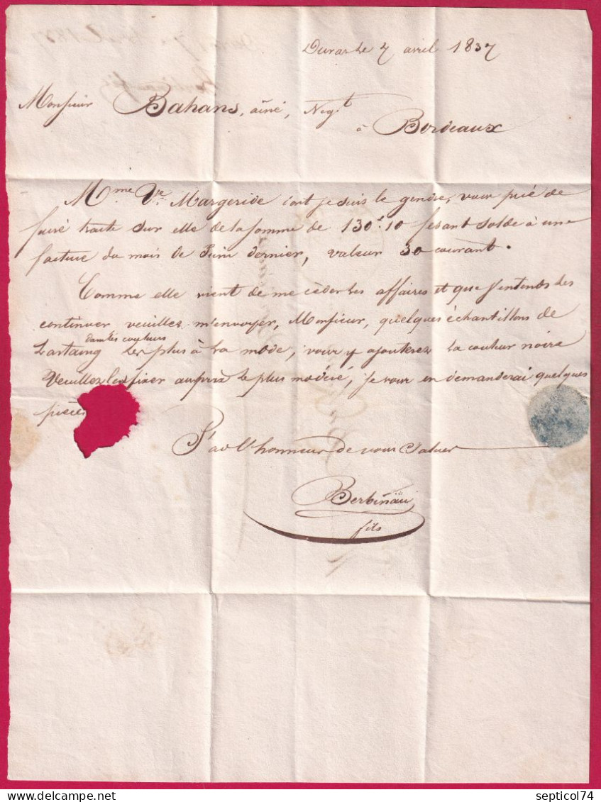 CURSIVE 45 DURAS LOT ET GARONNE + TYPE 12 MARMANDE POUR BORDEAUX 1837 LETTRE - 1801-1848: Précurseurs XIX