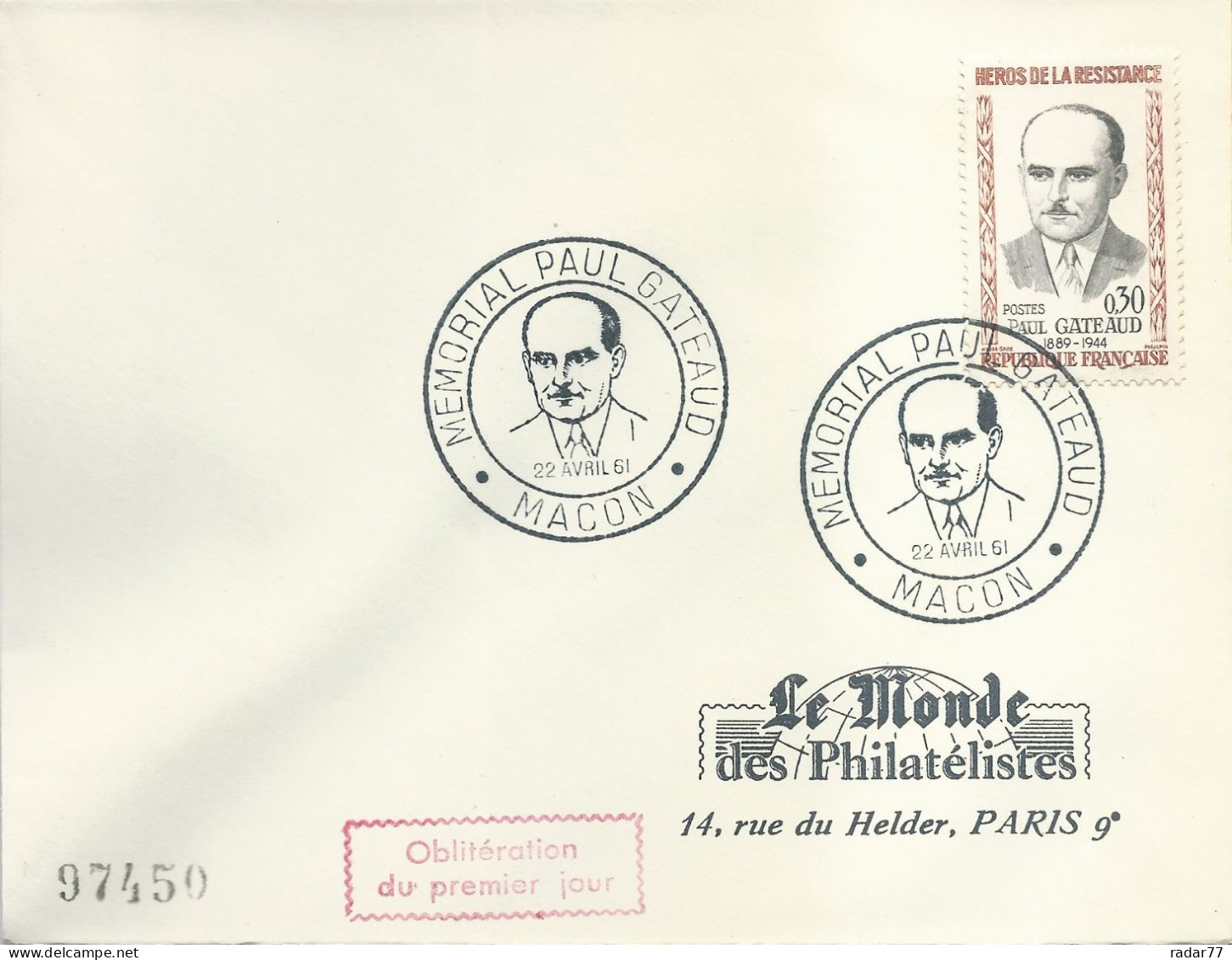 Enveloppe 1er Jour FDC N°1290 Gateaud - Macon - 22/04/1961 - 1960-1969