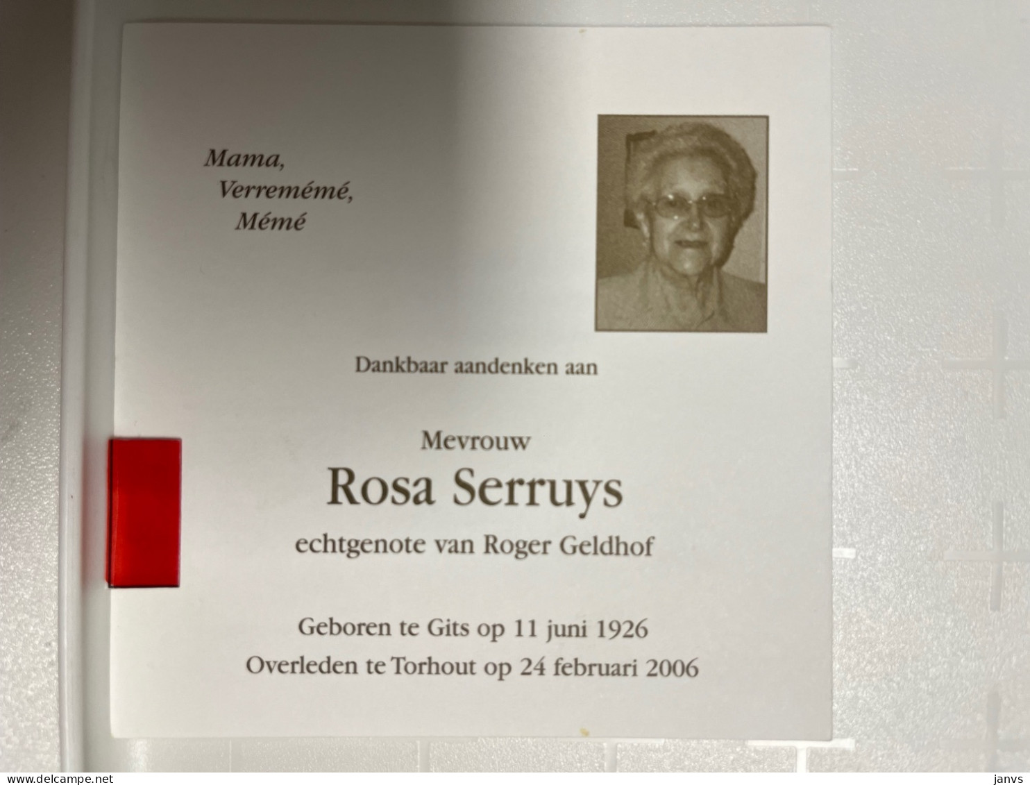 Devotie DP - Overlijden Rosa Serruys Echtg Geldhof - Gits 1926 - Torhout 2006 - Décès