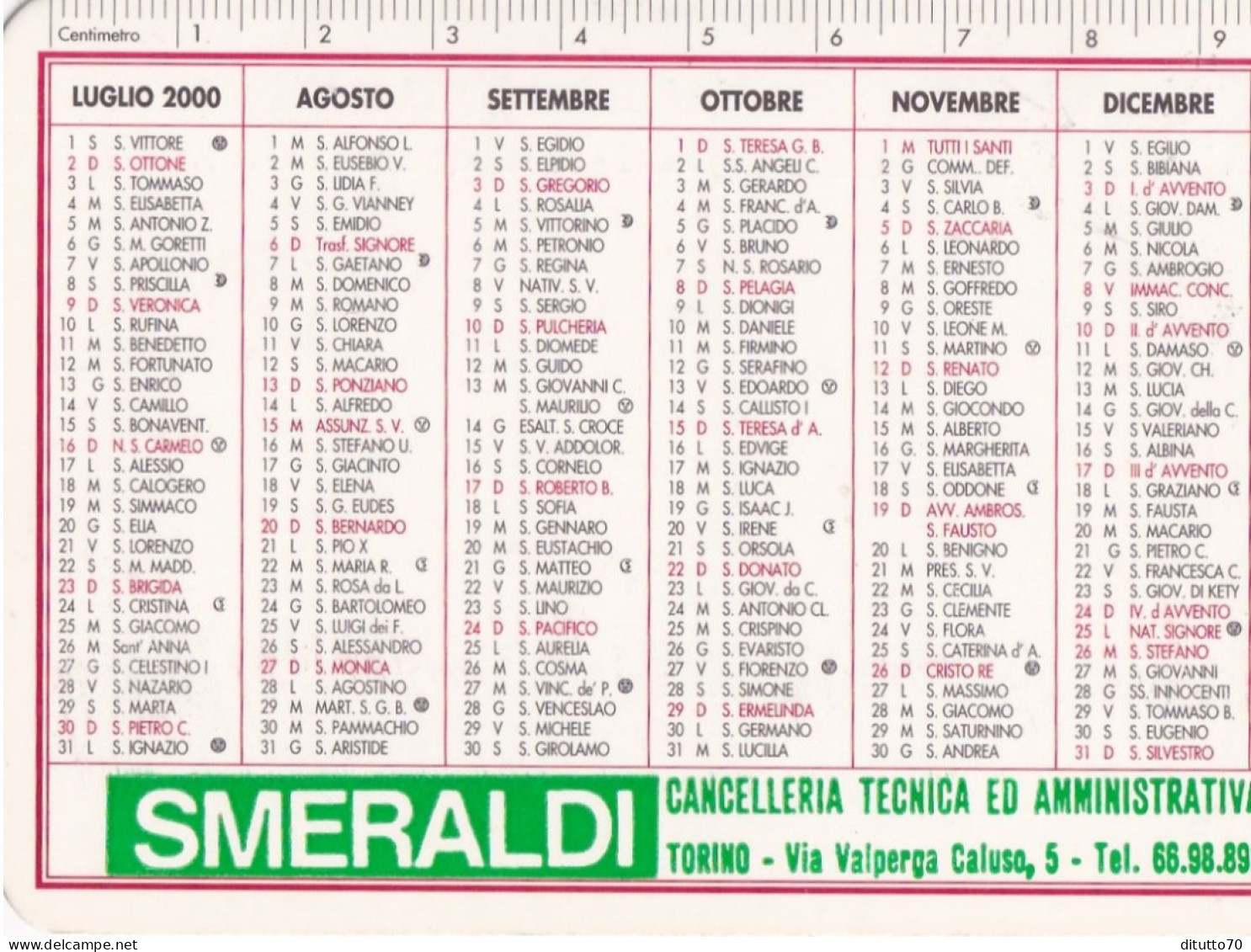 Calendarietto - Smersldi - Cancelleria - Torino - Anno 2000 - Formato Piccolo : 1991-00