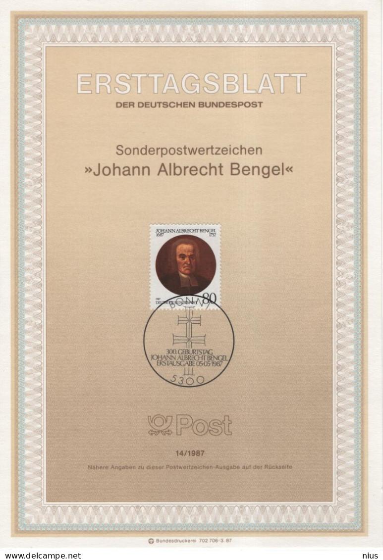 Germany Deutschland 1987-14 300. Geburtstag Johann Albrecht Bengel, Lutheran Priest Greek-language Scholar, Bonn - 1981-1990