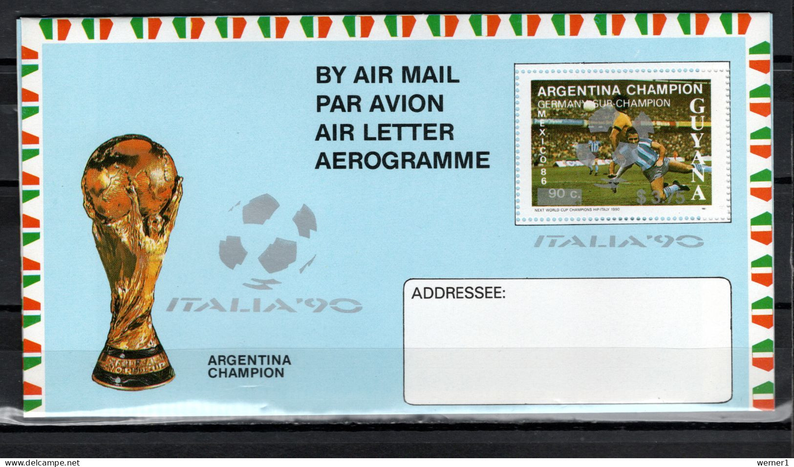 Guyana 1990 Football Soccer World Cup Commemorative Aerogramme With Silver Overprint MNH - 1990 – Italië