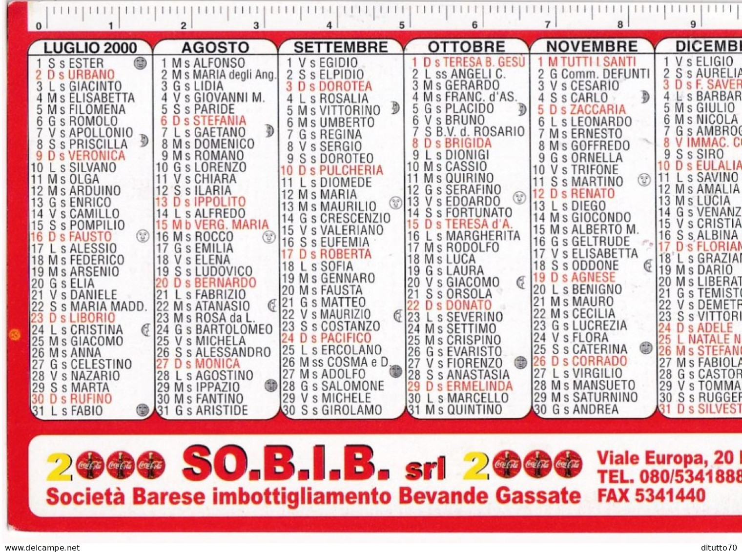 Calendarietto - SO.B.I.B. - Coca Cola - Bari - Anno 2000 - Formato Piccolo : 1991-00