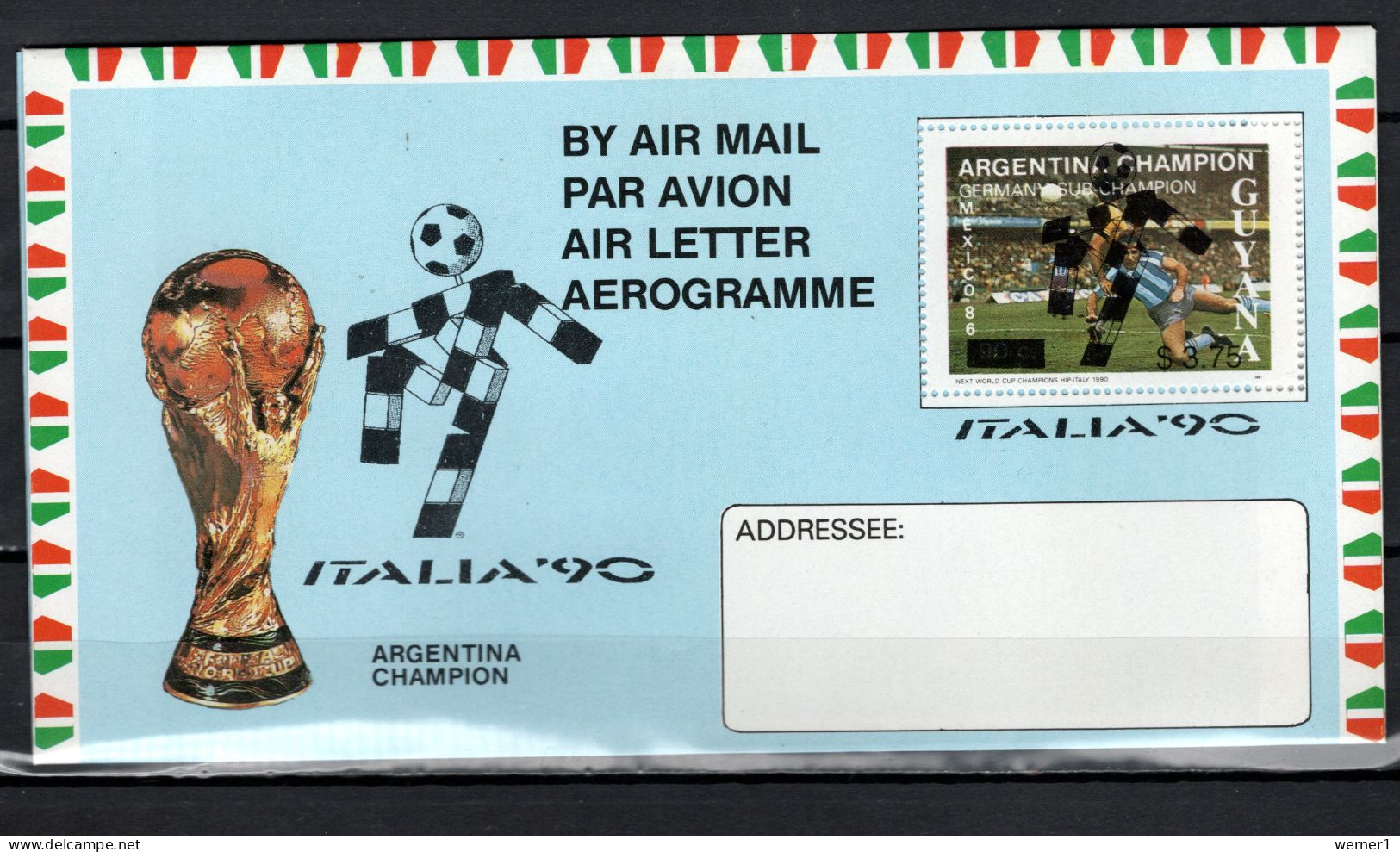 Guyana 1990 Football Soccer World Cup Commemorative Aerogramme With Black Overprint MNH - 1990 – Italy