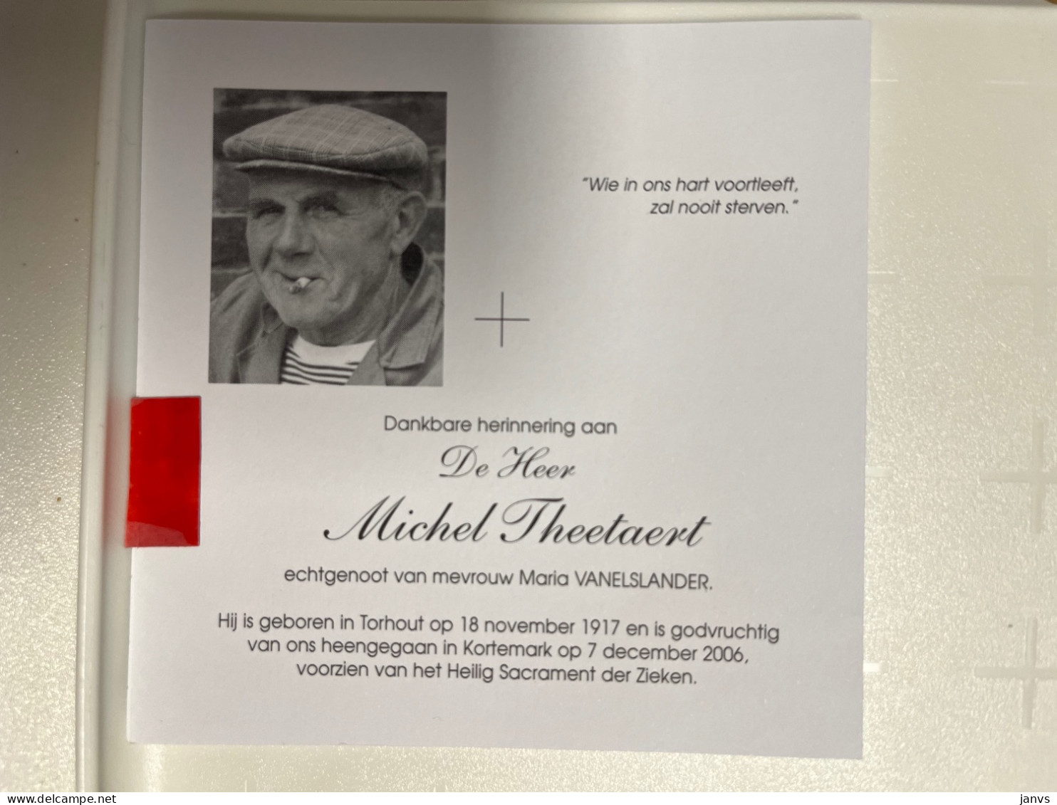 Devotie DP - Overlijden Michel Theetaert Echtg Vanelslander - Torhout 1917 - Kortemark 2006 - Obituary Notices