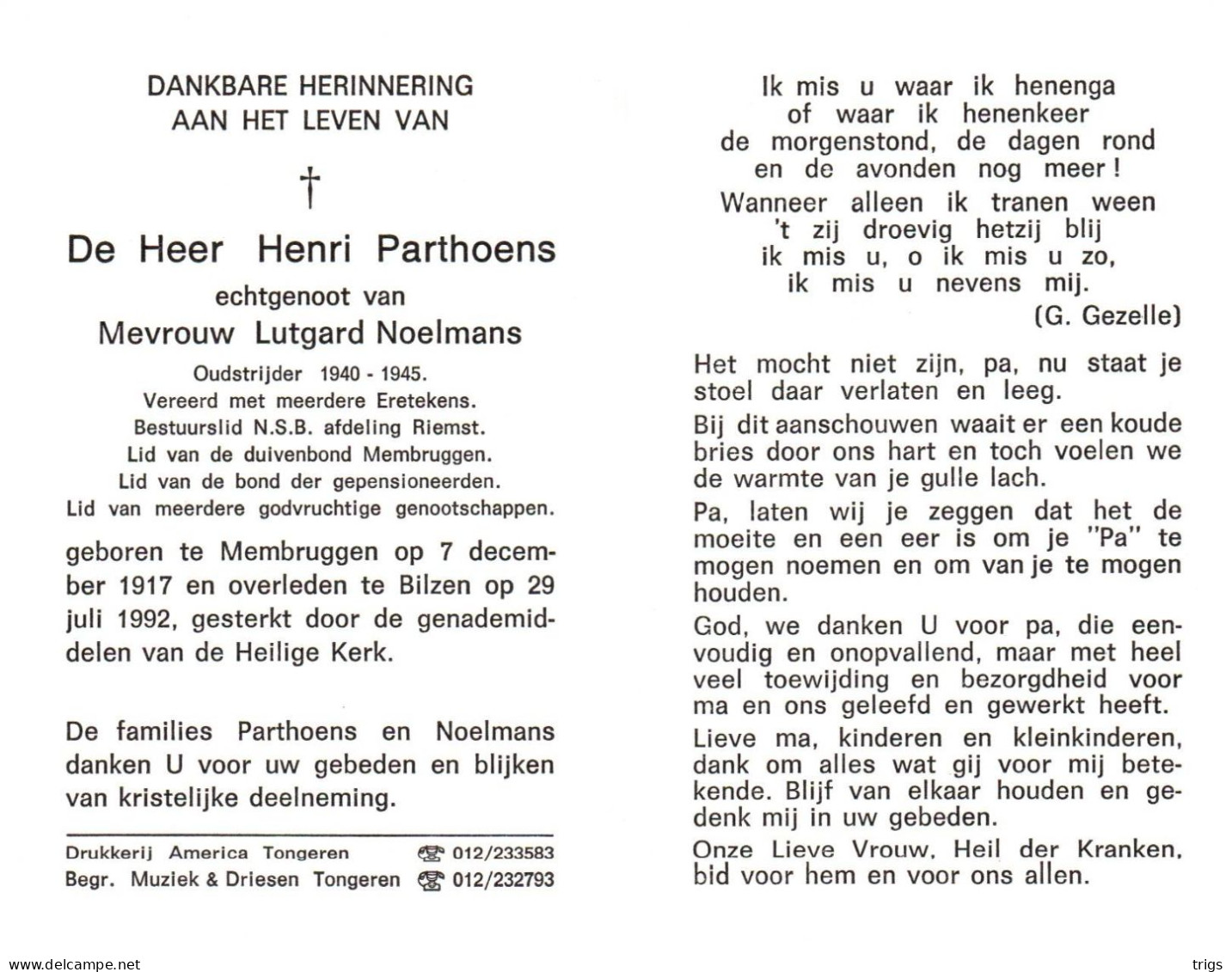 Henri Parthoens (1917-1992) ~ Oudstrijder (1940-1945) - Devotieprenten
