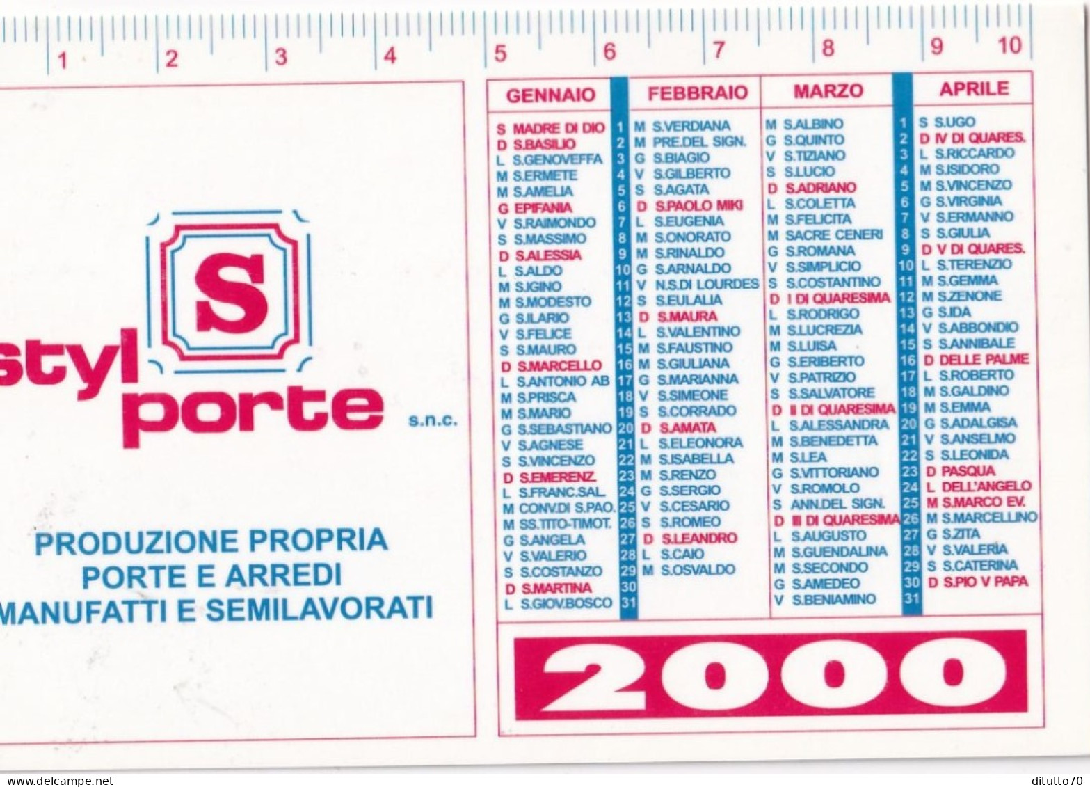 Calendarietto - Styl Porte - Rivalta - Torino - Anno 2000 - Formato Piccolo : 1991-00