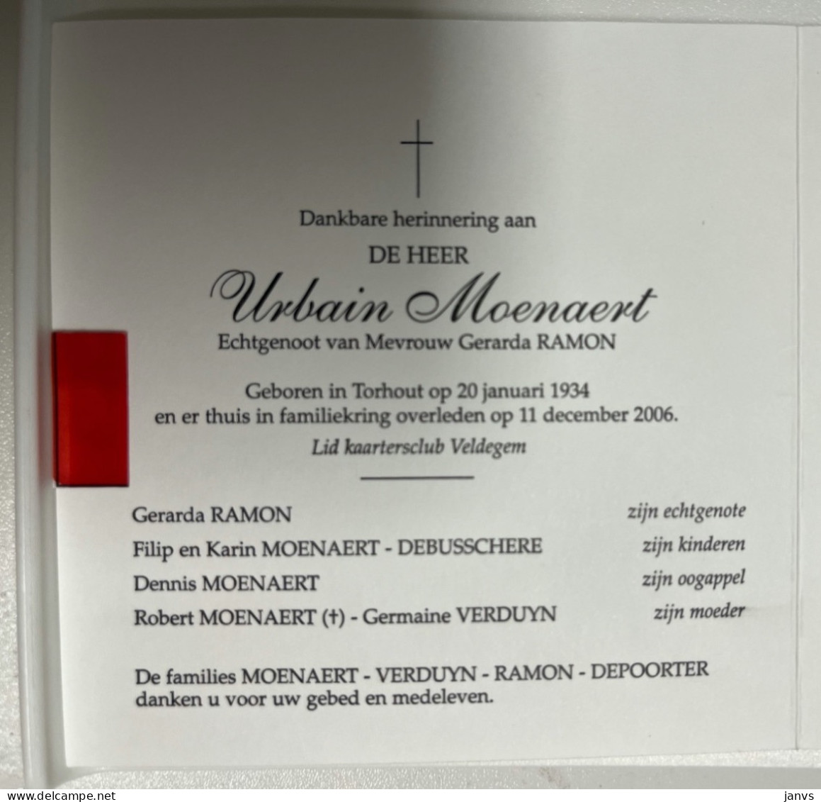 Devotie DP - Overlijden Urbain Moenaert Echtg Ramon - Torhout 1934 - 2006 - Obituary Notices