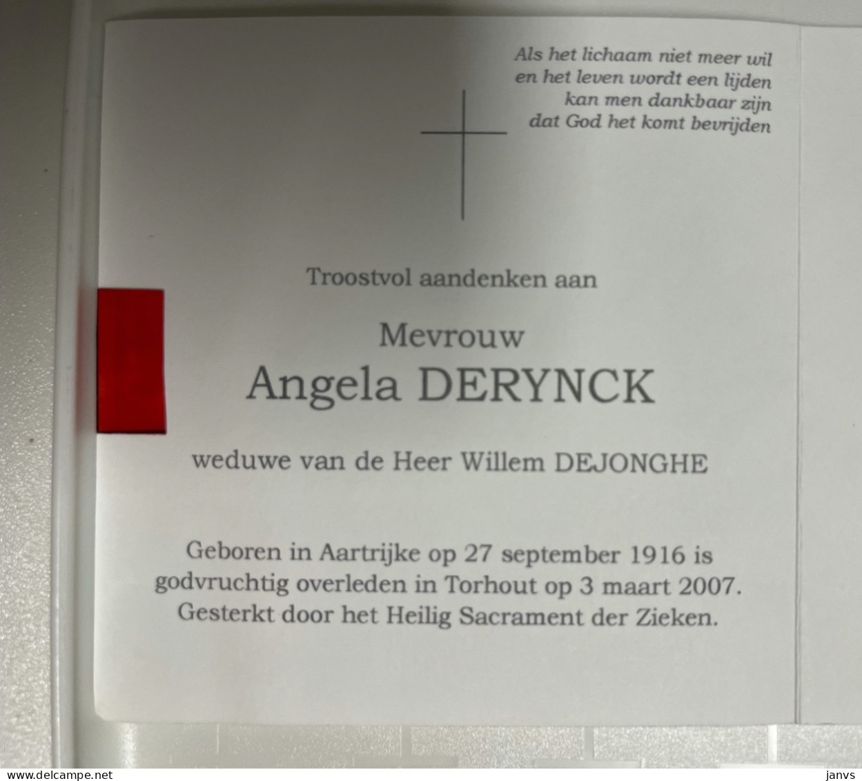 Devotie DP - Overlijden Angela Derynck Wwe Dejonghe - Aartrijke 1916 - Torhout 2007 - Décès