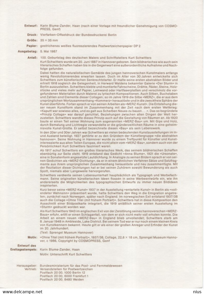 Germany Deutschland 1987-16 Kurt Schwitters, Maler Graphiker Bildhauer Dichter Artist Poet Sculptor Graphics, Bonn - 1981-1990