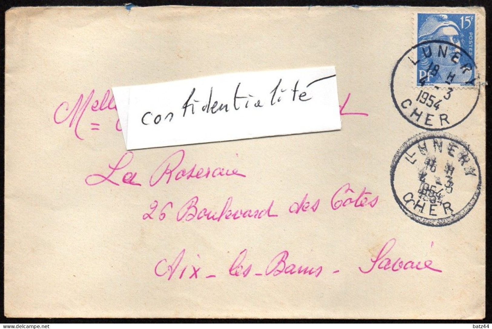 Lunery Cher 04 03 1954 - Cartas & Documentos