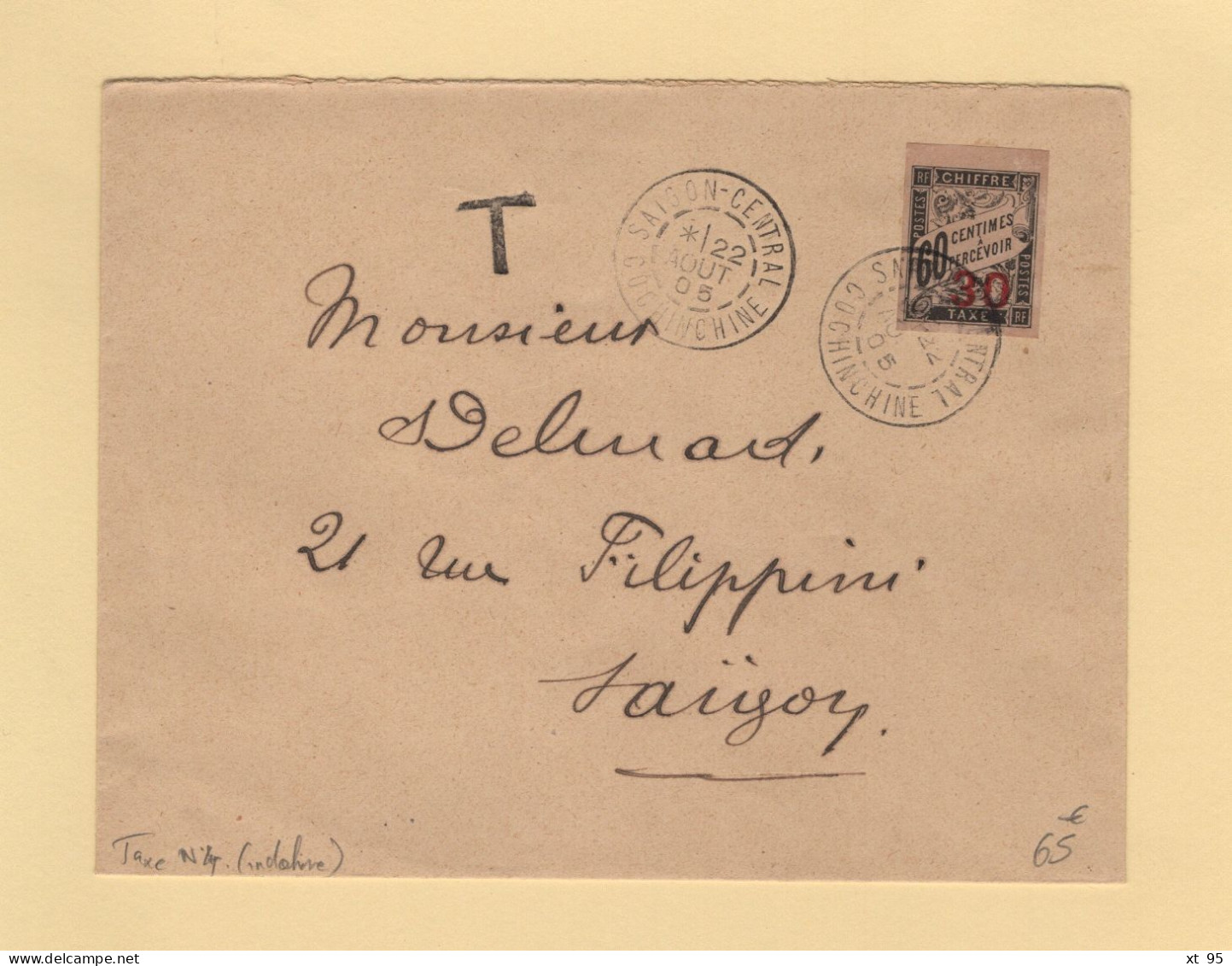 Indochine - Timbre Taxe N°4 Sur Lettre De Saigon Central Cochinchine - 22 Aout 1905 - Cartas & Documentos