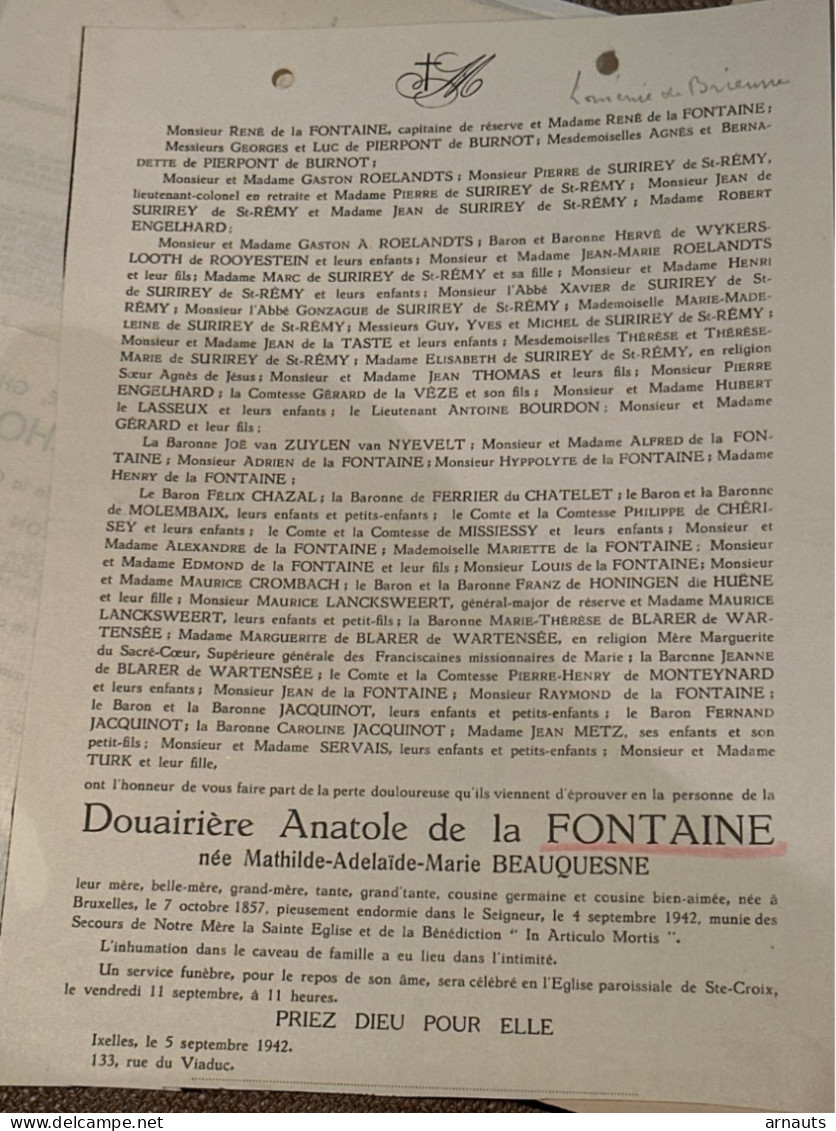 Douairiere Anatole De La Fontaine Nee Beauquesne *1857 Bruxelles +1942 Ixelles De Pierpont De Burnot De Surirey De St.-R - Todesanzeige