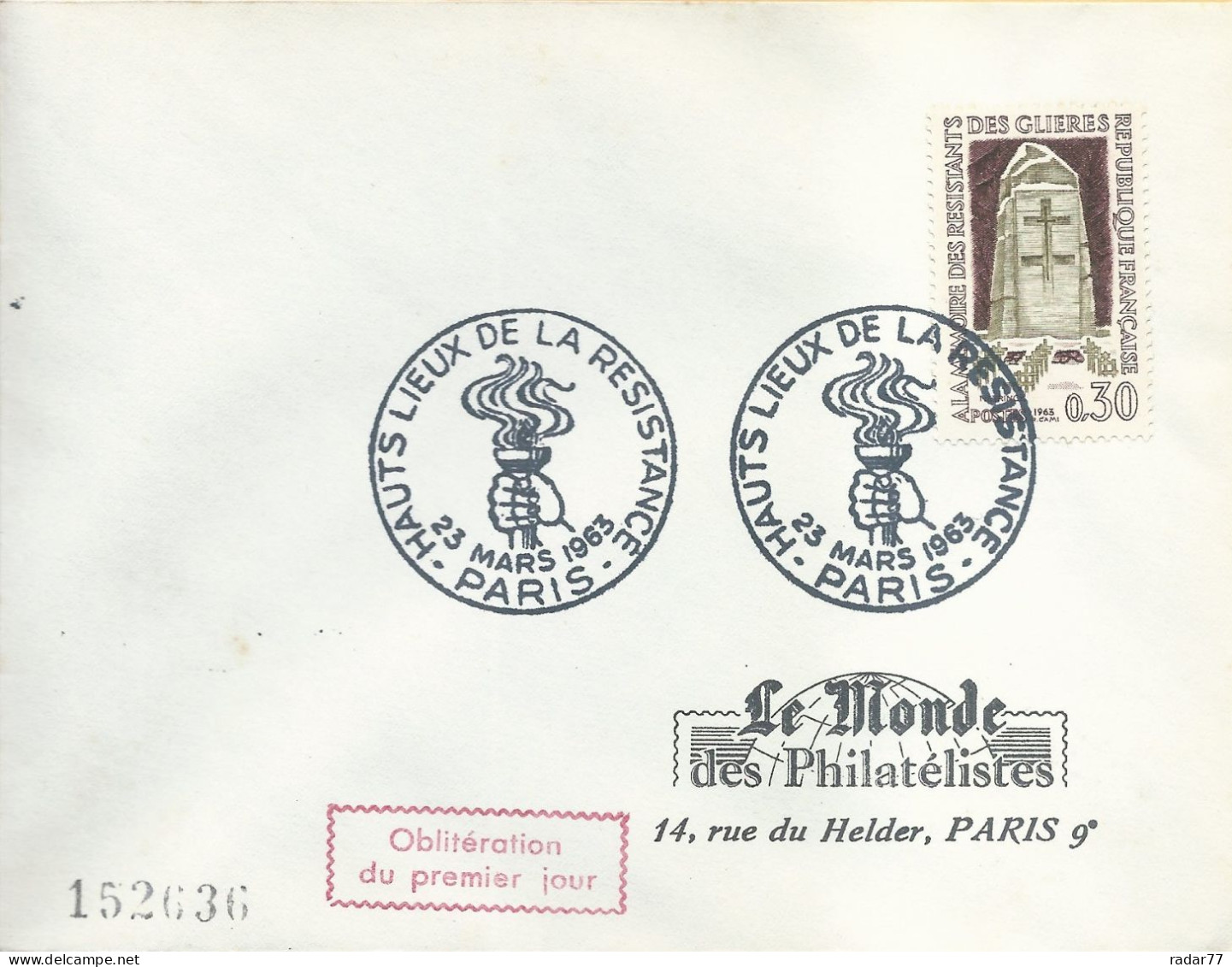 Enveloppe 1er Jour FDC N°1380 Plateau Des Glières - Paris - 23/03/1963 - 1960-1969