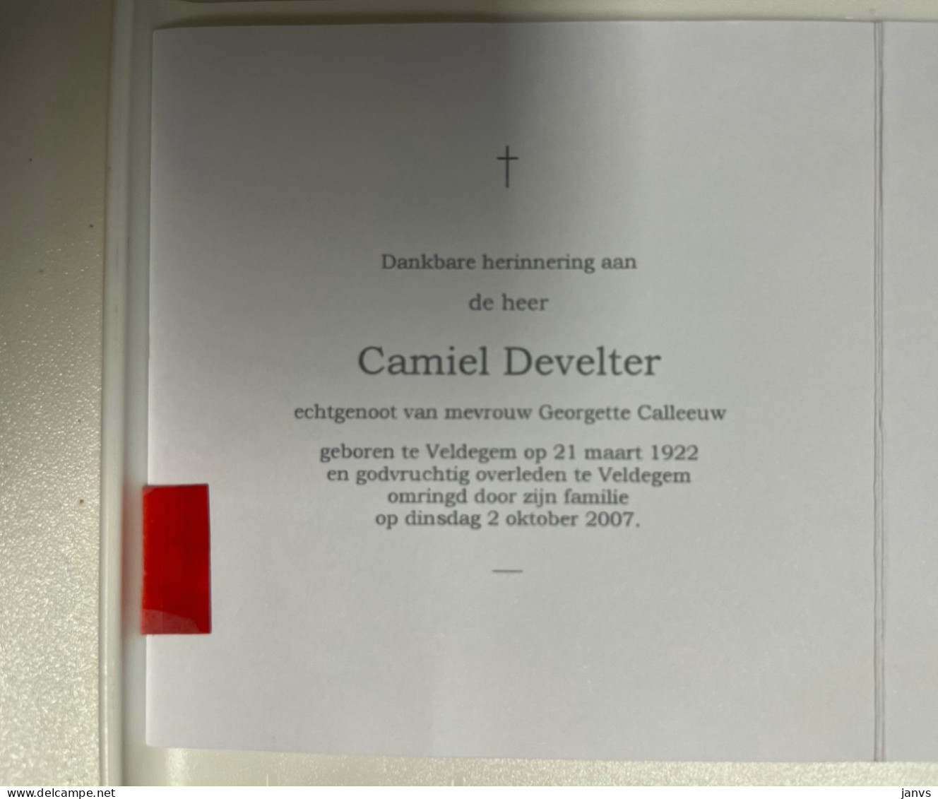Devotie DP - Overlijden Camiel Develter Echtg Calleeuw - Veldegem 1922 - 2007 - Décès